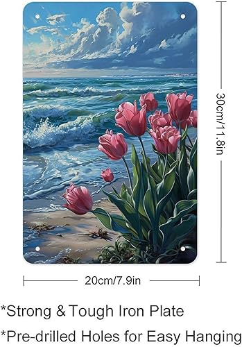 Miniatura 2 de Coastal Tulips with Ocean Waves Metal Tin Sign Wall Decor Retro Sign for Home Living Room Bedroom Coffee Wall Decor Halloween Christmas Gifts