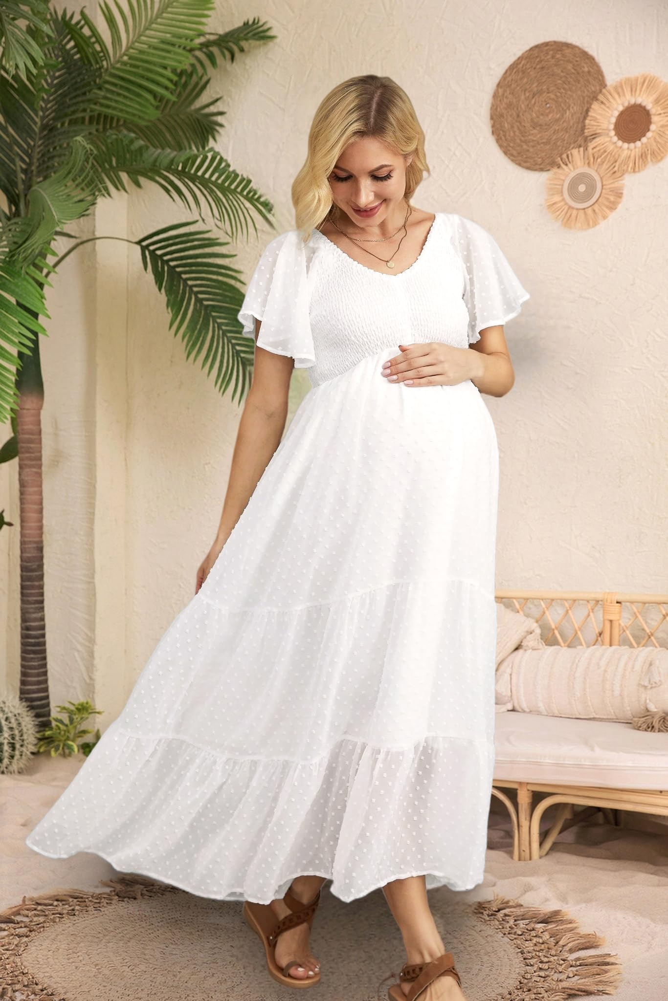 Vestido de maternidad con lunares suizos para baby shower, sesión de fotos, informal, cuello de pico, manga con volantes, cintura imperio, vestido bohemio escalonado