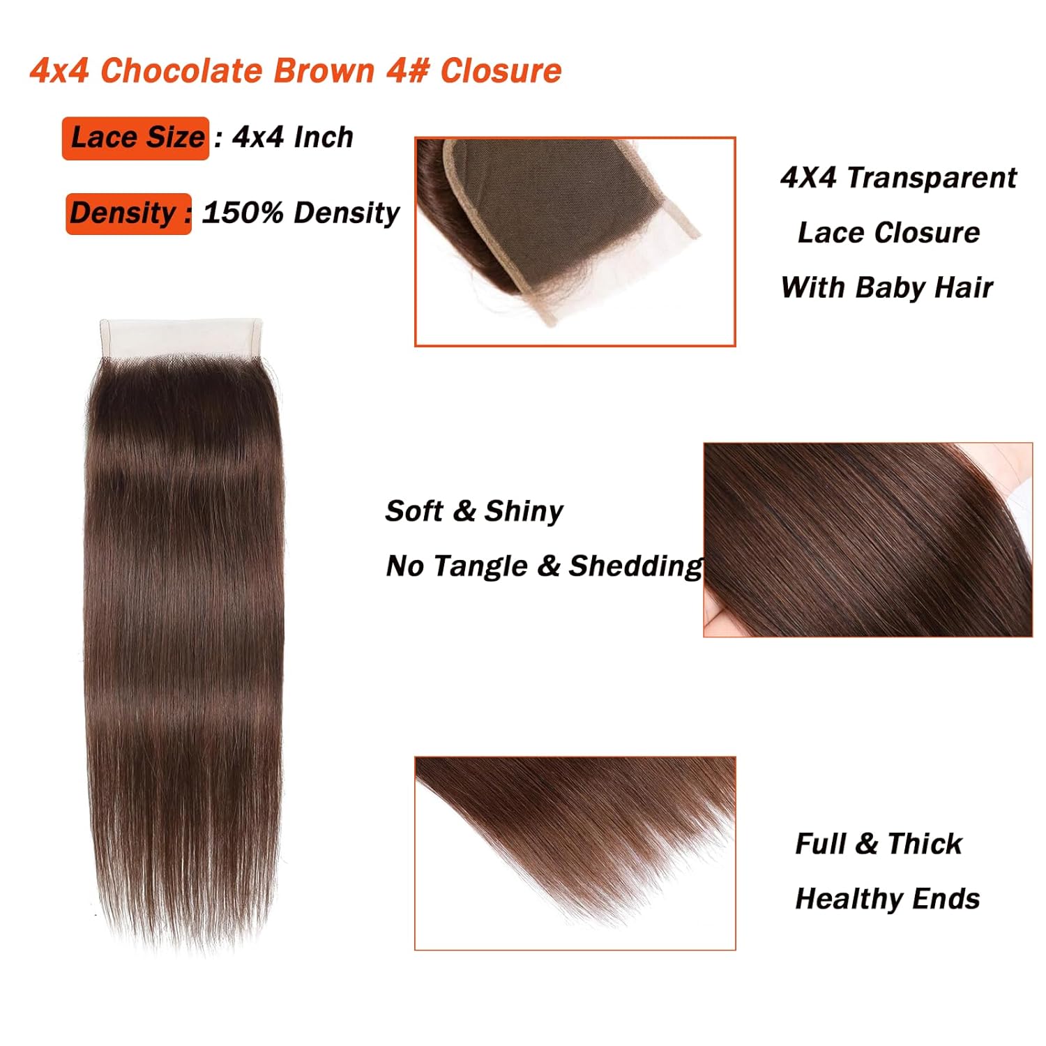 Brown Human Hair Transparent Lace 4x4 Closure Straight Chocolate Brown 4# 100% Unprocessed Virgin Hair Pre Plucked With Baby Hair Wet And Wavy Lace Closure For Women 20 Inch