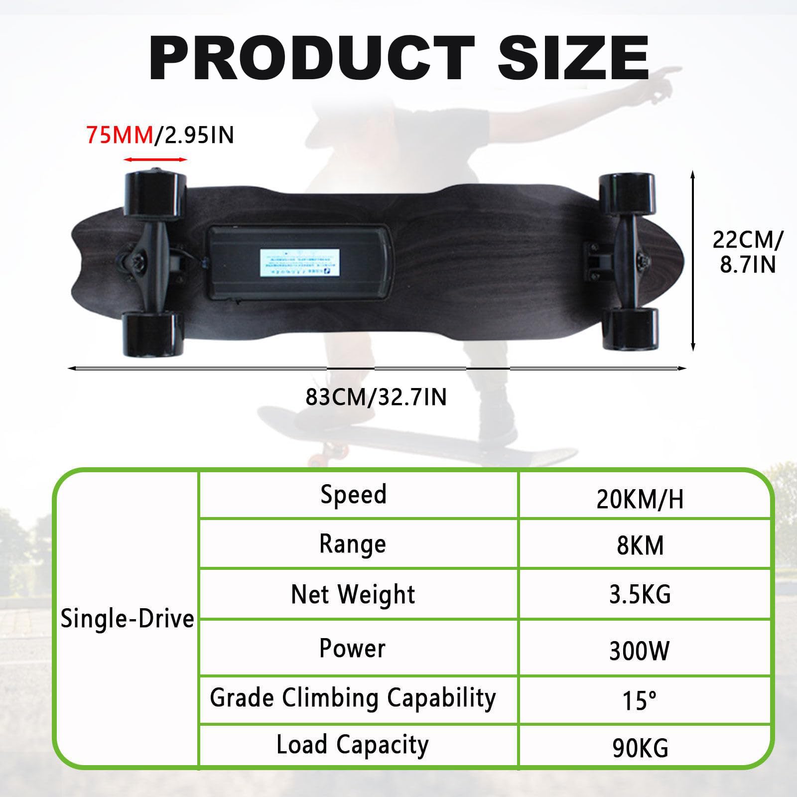 Skateboard Elettrico Con Telecomando, Longboard Impermeabile, 7 Strati Di Acero, Autonomia 8 Km/15 Km/22 Km/30 Km, 4 Velocità, Velocità Massima 25 Km/H, Longboard per Pendolari E Principianti 8KM