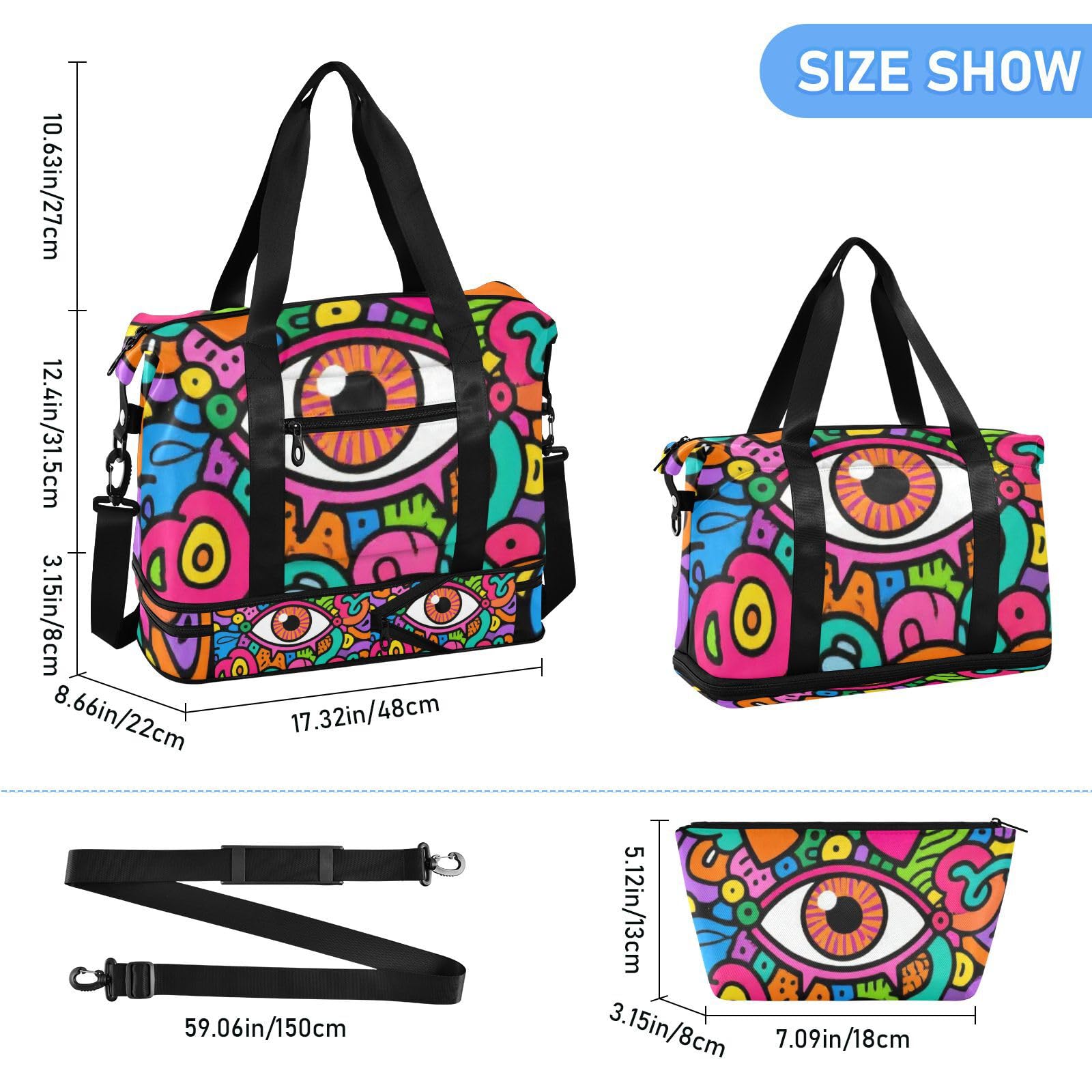 Evil Eyes Doodle kolorowa duża torba podręczna z kieszenią na mokro regulowany pasek na siłownię torby marynarskie do trekkingu wielofunkcyjna dla mężczyzn kobiet