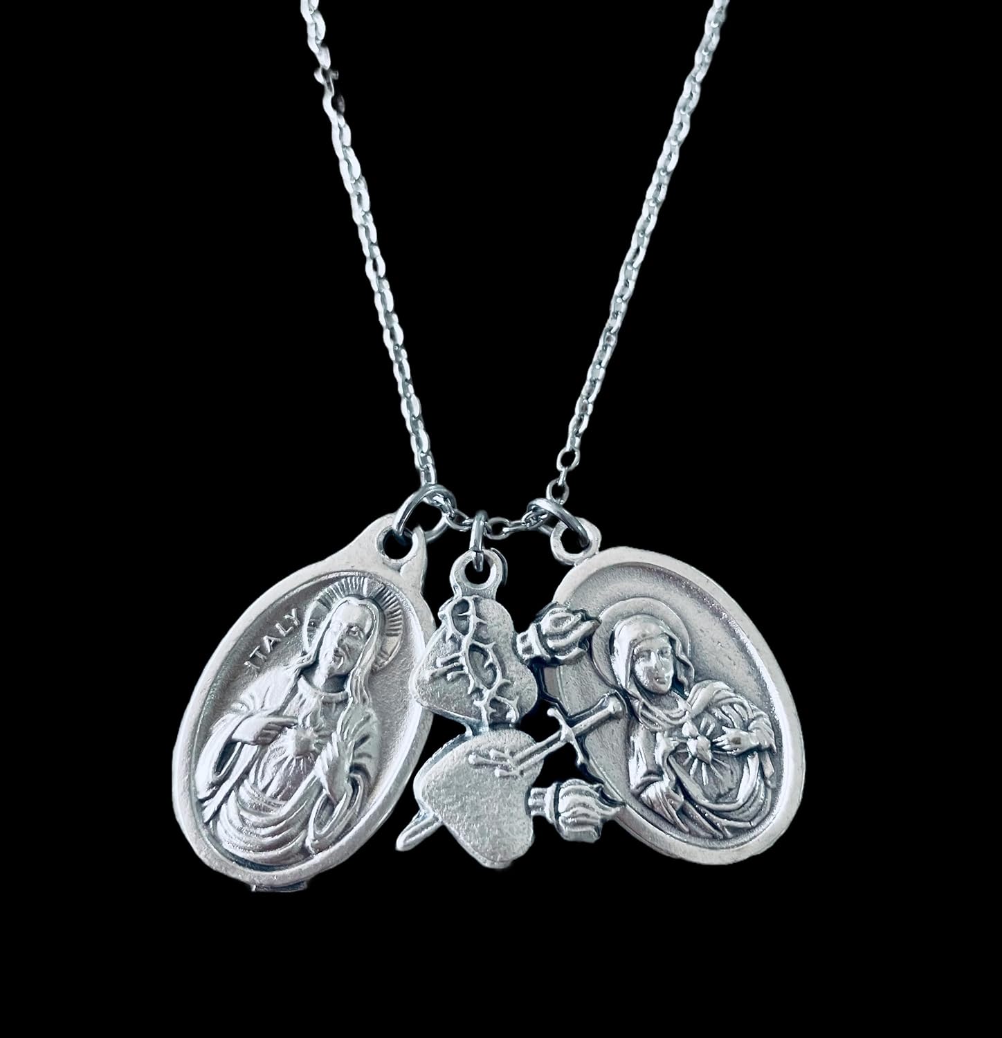 Sacred Heart of Jesus & Immaculate Heart of Mary Necklace – Italian Oxidized Silver Catholic Medals on Stainless Steel Chain – Christian Religious Jewelry Gift for Women & Teens - Image 2