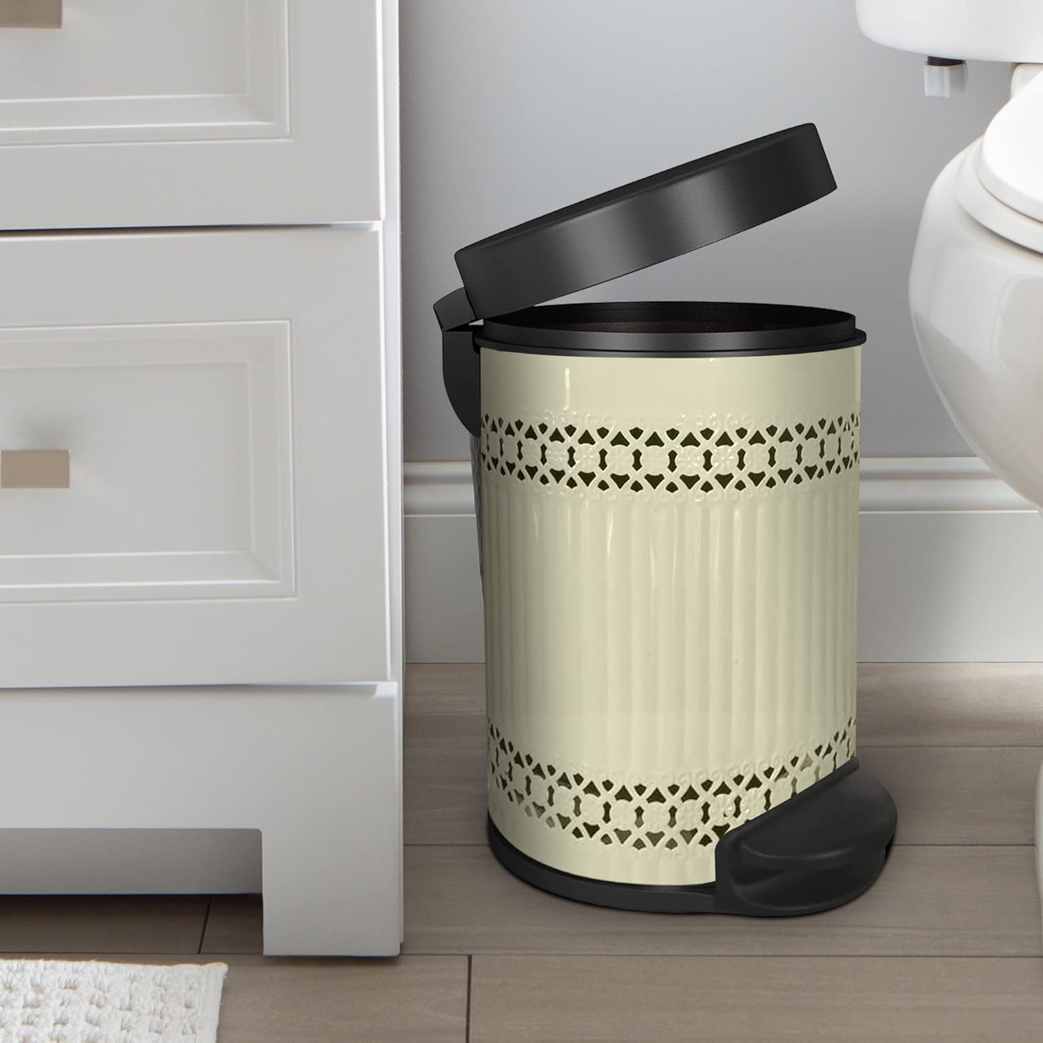 nu steel Laser Cut Ivory Step Garbage Trash Can & Toilet Brush Holder with Lid: 5 Liter/1.32 gal for The Kitchen, Bathroom, Bedroom, Patio, RV