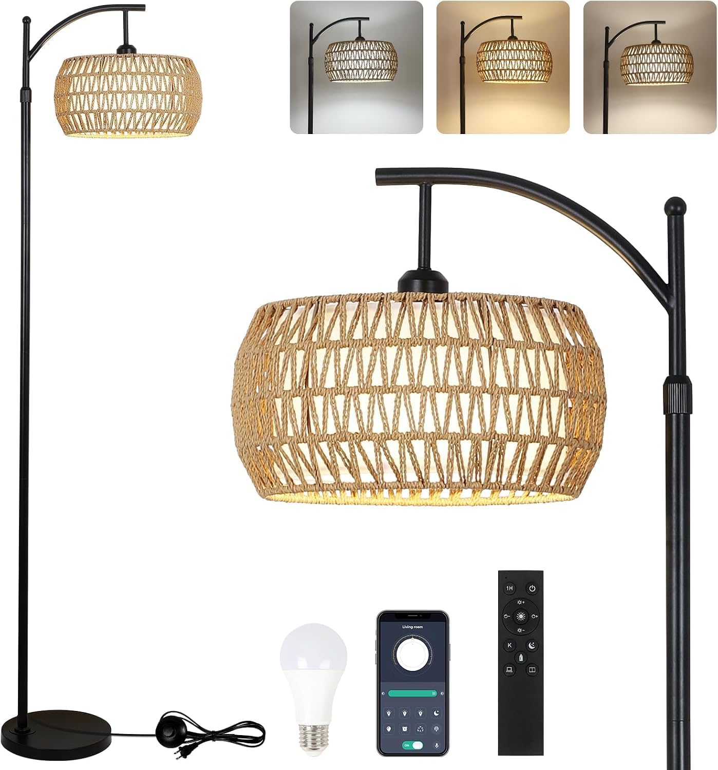 eyassi Arc Floor Lamp with 3 Color Temperatures, LED Gold Floor Lamp with Remote & Stepless Dimmable Bulb, Boho Standing Lamp with Rattan & Fabric Shades, Farmhouse Tall Lamp for Living Room Bedroom