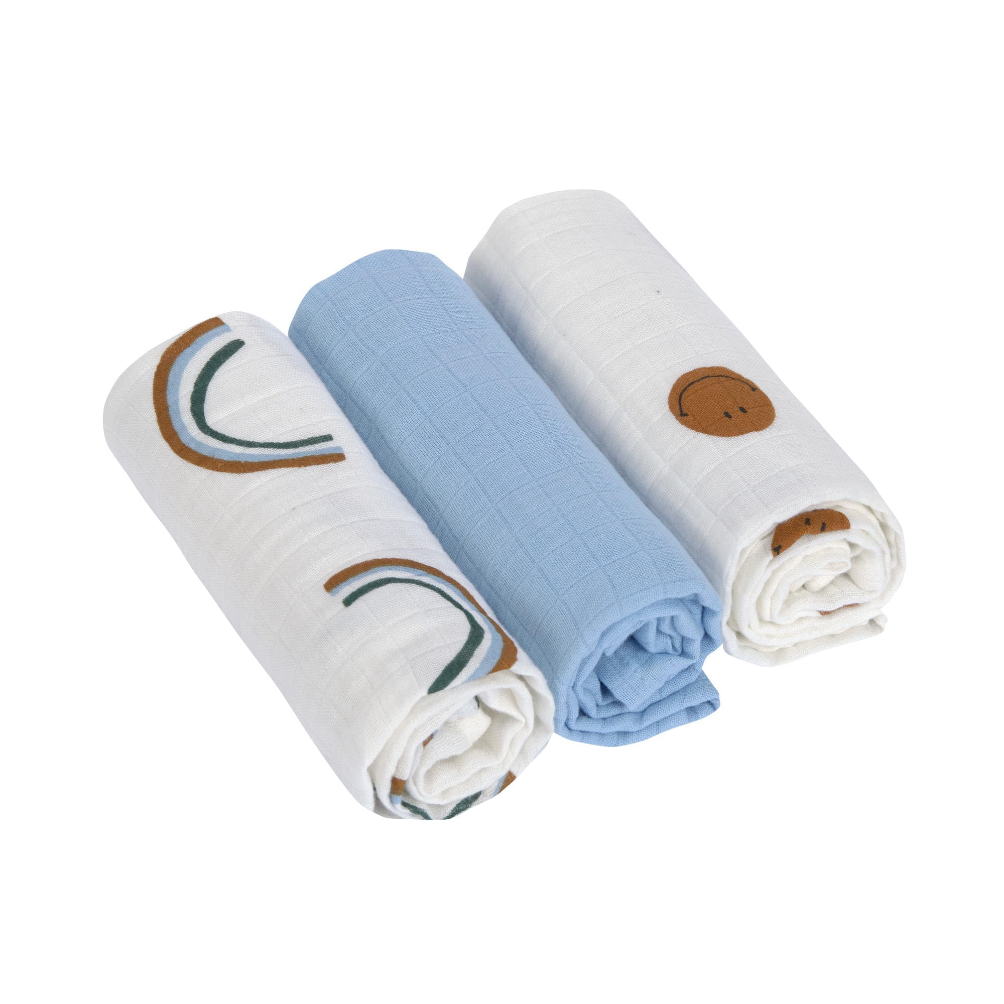 LÄSSIG Baby Puckdecke Spuckdecke Pucktuch Mulltuch 3er Set Baumwolle 60 x 60 cm/Swaddle & Burp Blanket M Happy Rascals blue