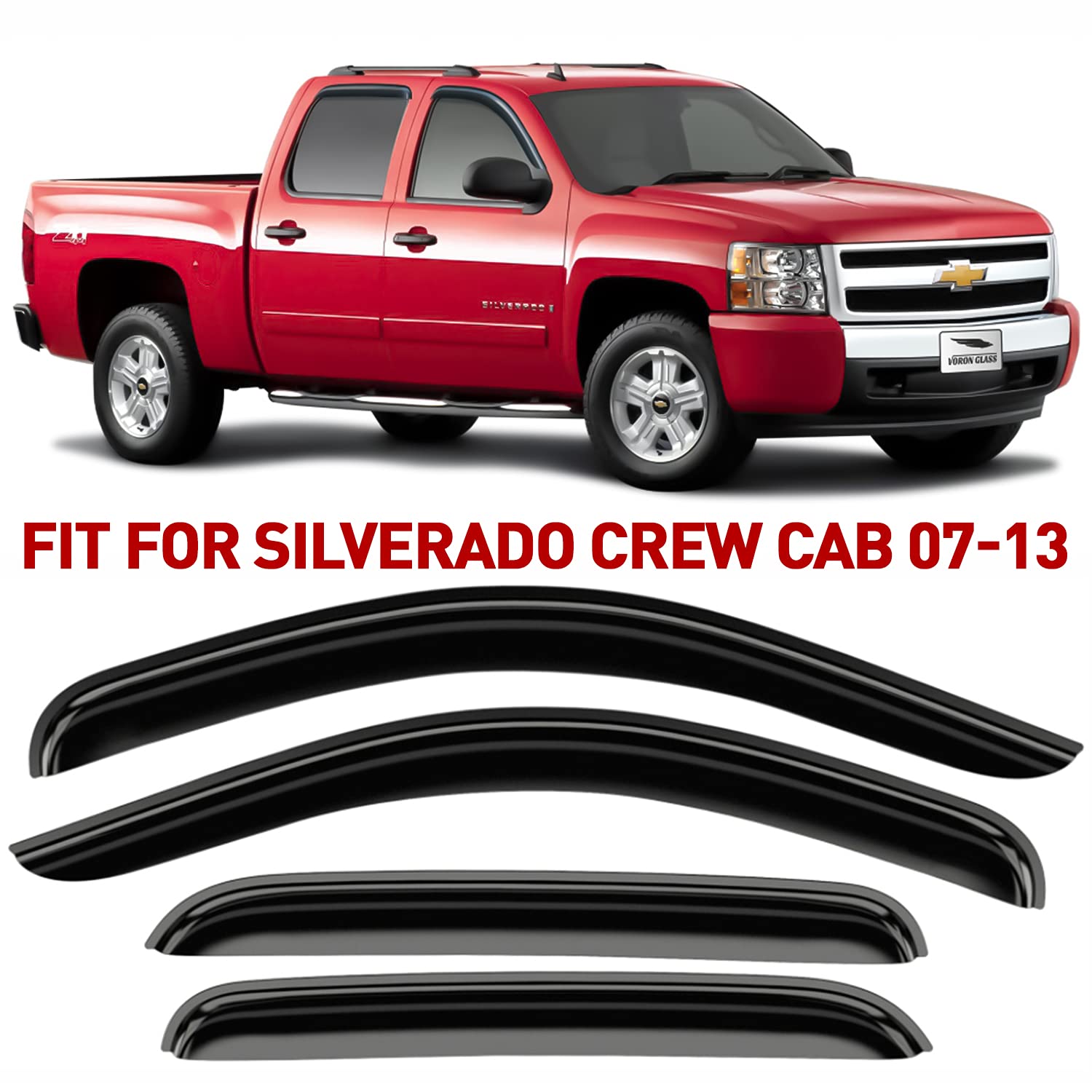 Voron Glass Tape-on Extra Durable Rain Guards for Trucks Chevrolet (Chevy) Silverado/GMC Sierra 2007-2013 Crew Cab, Window Deflectors, Vent Window Visors, 4 Pieces - 120003