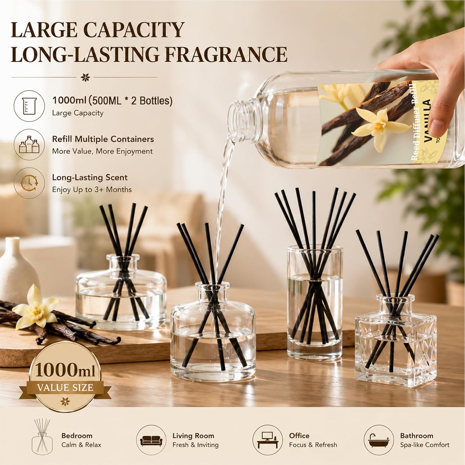 STRN Reed Diffuser Oil Refill, Vanilla Scented Diffuser Oil Refills with Reed Sticks 1000ML(33.8fl.oz), Room Fresheners for Home, Long-Lasting Summer Fragrance for Living Room, Bedroom, Office