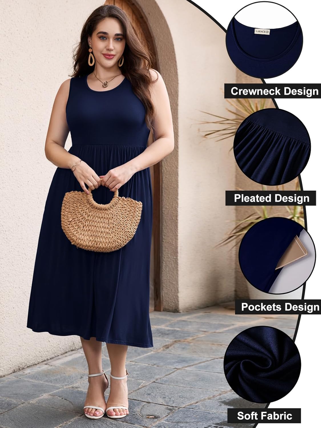 LARACE Women's Plus Size Sleeveless Maxi Dress Casual Crew Neck Pleated Flowy Long Dresses with Pockets L-6XL - Image 4