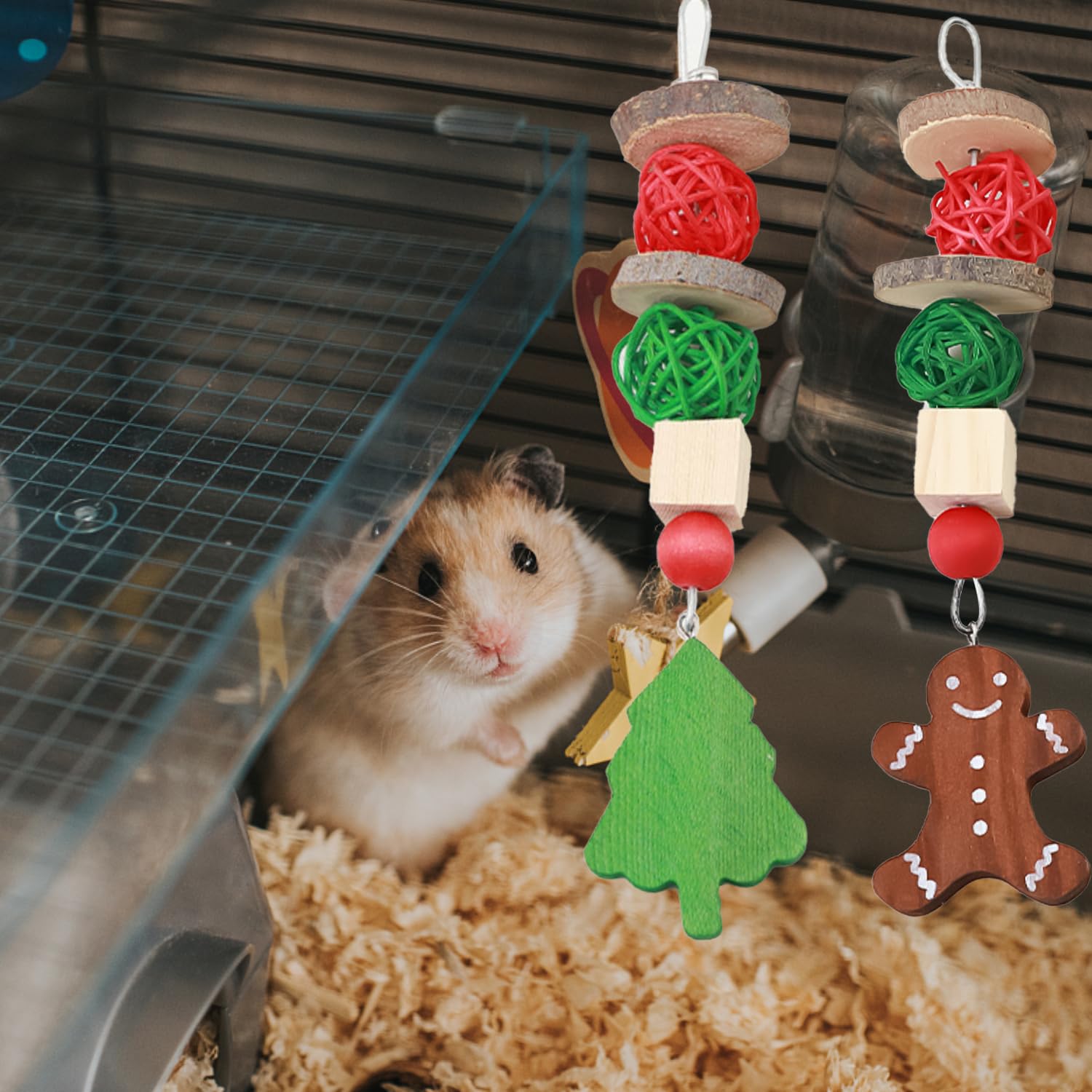 Bohue 2pcs Christmas Guinea Pig Toys Gingerbread Christmas Tree Hanging Accessories Hamster Rabbit Chew Toys Chinchilla Chew and Treats Toys for Small Pets - Image 3