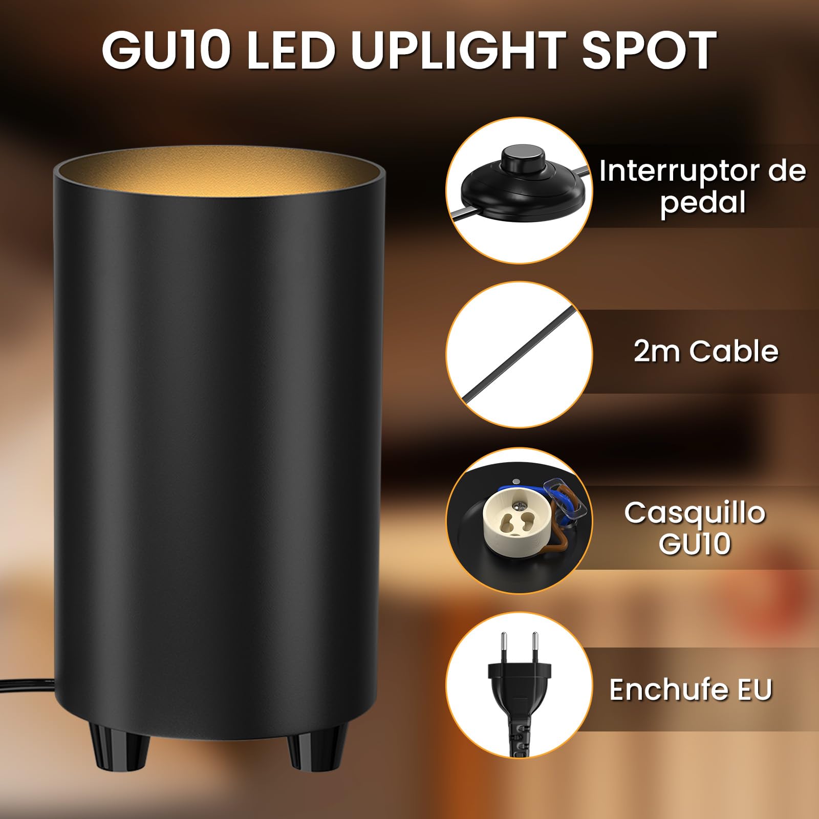 Uplight Spot Foco LED GU10 para Iluminación Indirecta, 5W Foco de suelo con Interruptor de Pedal, 2X Bombillas LED GU10 Blanco Cálido 3000K, No regulable, Negro, Enchufe UE(2 unidades)