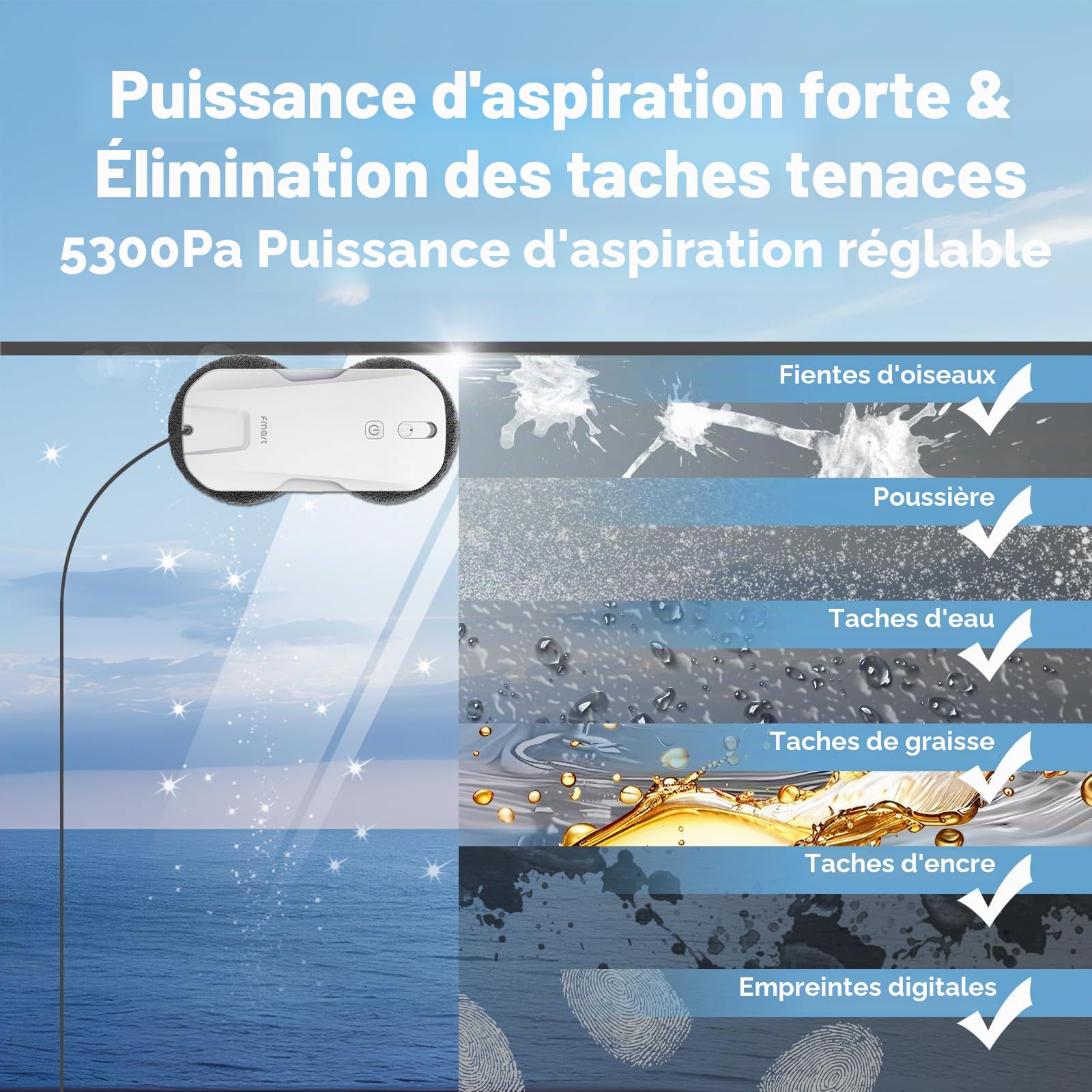 Fmart T11 Robot nettoyeur de vitres avec 10 chiffons, système de pulvérisation automatique à quatre voies avec triple système de sécurité, navigation intelligente, télécommande, pour toutes les