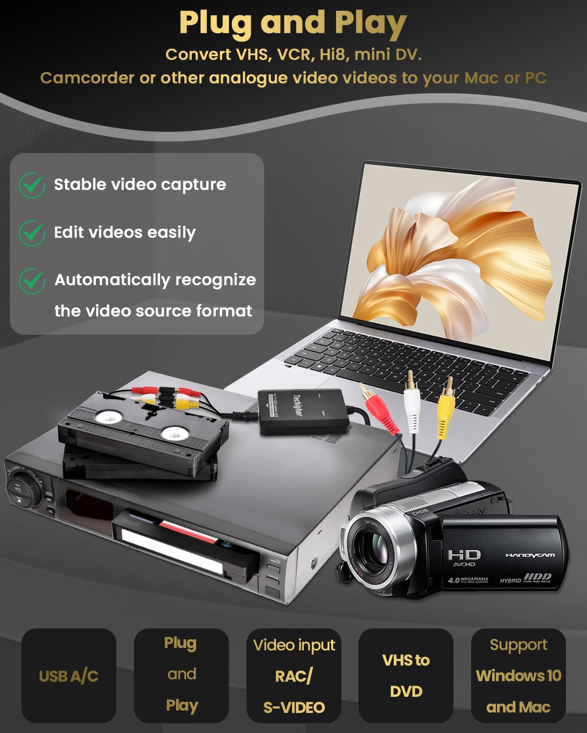 Convertidor VHS a digital, tarjeta de captura de video USB para video, VCR/Hi8/DVD/AV/RCA/VHS a convertidor digital, convertidor RCA a HDMI, convertidor AV a HDMI, captura y convierte