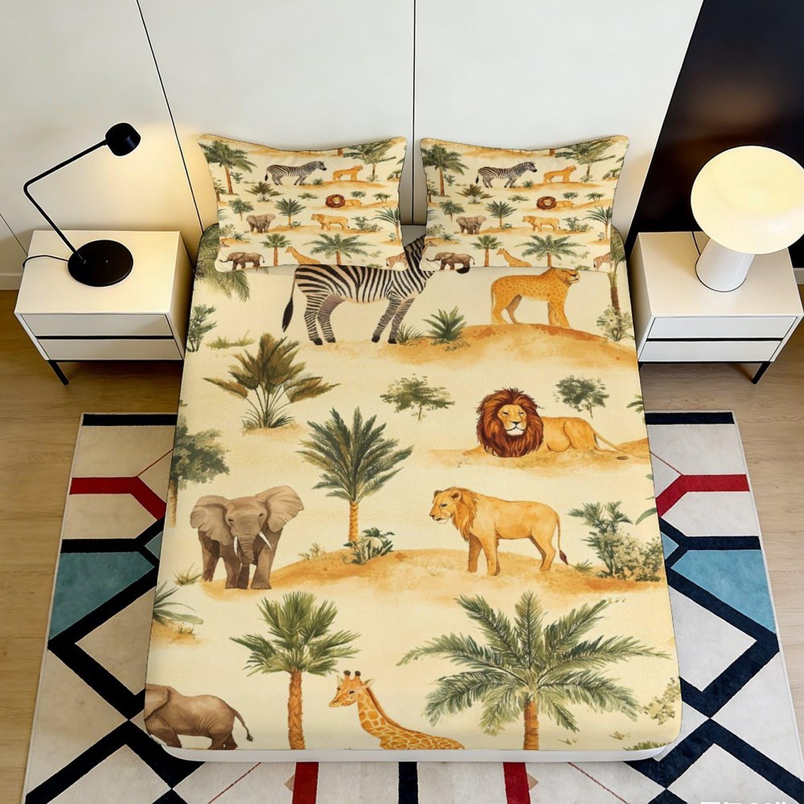 3D Printed Safari Animals Fitted Sheet Microfiber Soft Jungle Wildlife Bed Cover for Bedroom Guest Room Decor 90x200x25cm