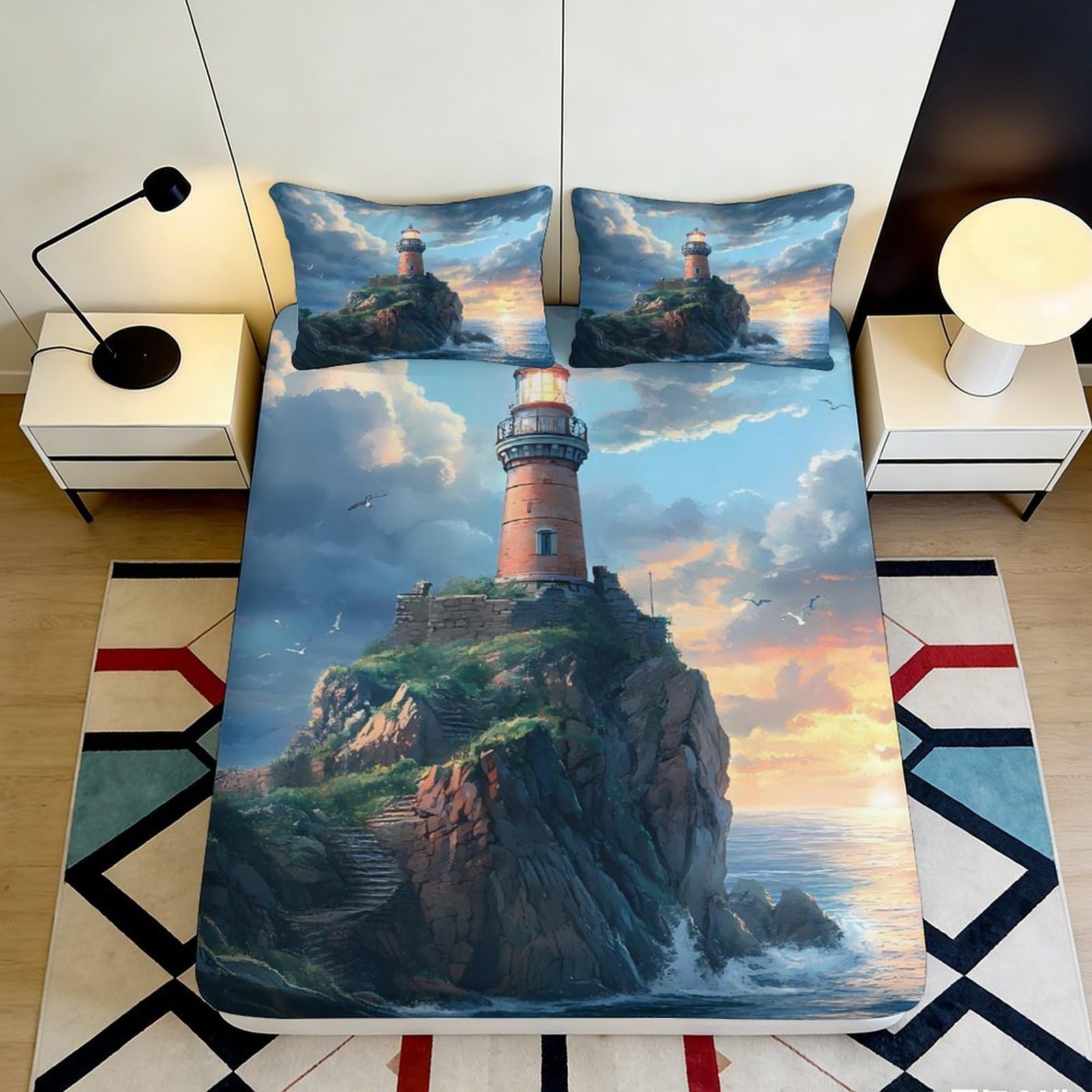 3D Printed Lighthouse Seaside Fitted Sheet Microfiber Soft Bed Cover Ocean Cliff Mattress Cover for Bedroom Guest Room Decor 90x200x25cm