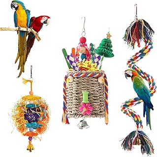 RLRICH 3 Pack Bird Toys Parrot Foraging Toys, Seagrass Basket Bird Chewing Toys with Colorful Tearing Paper Bamboo Fingers Natural Nut Wooden Blocks for Small Medium Parrot Bird