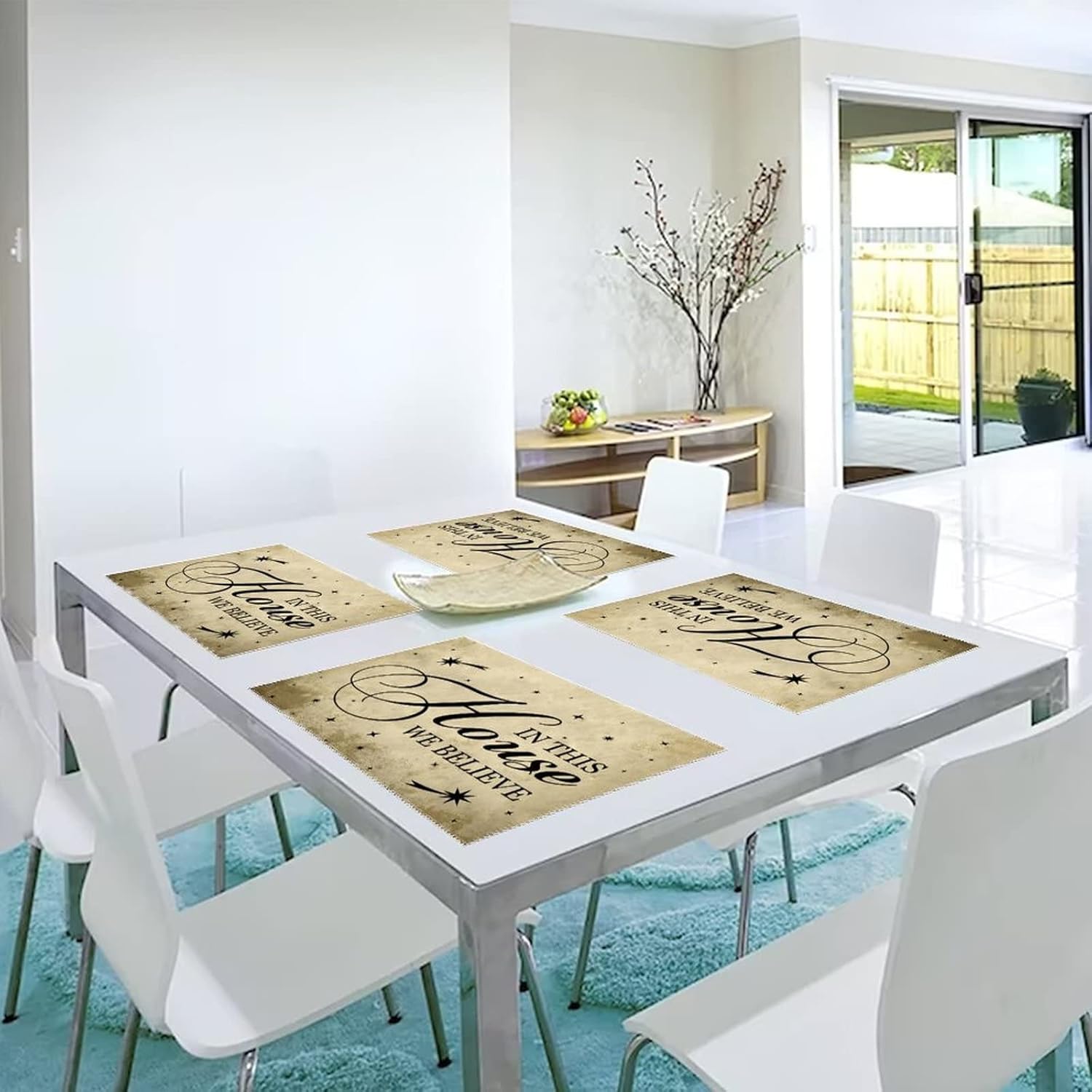 in This House We Believe Placemat 6 PCS, Merry Christmas Non-Slip Spring Placemats for Kitchen Dining Table BBQ Patio Parties, Dirt Resistant Wipeable Washable Durable