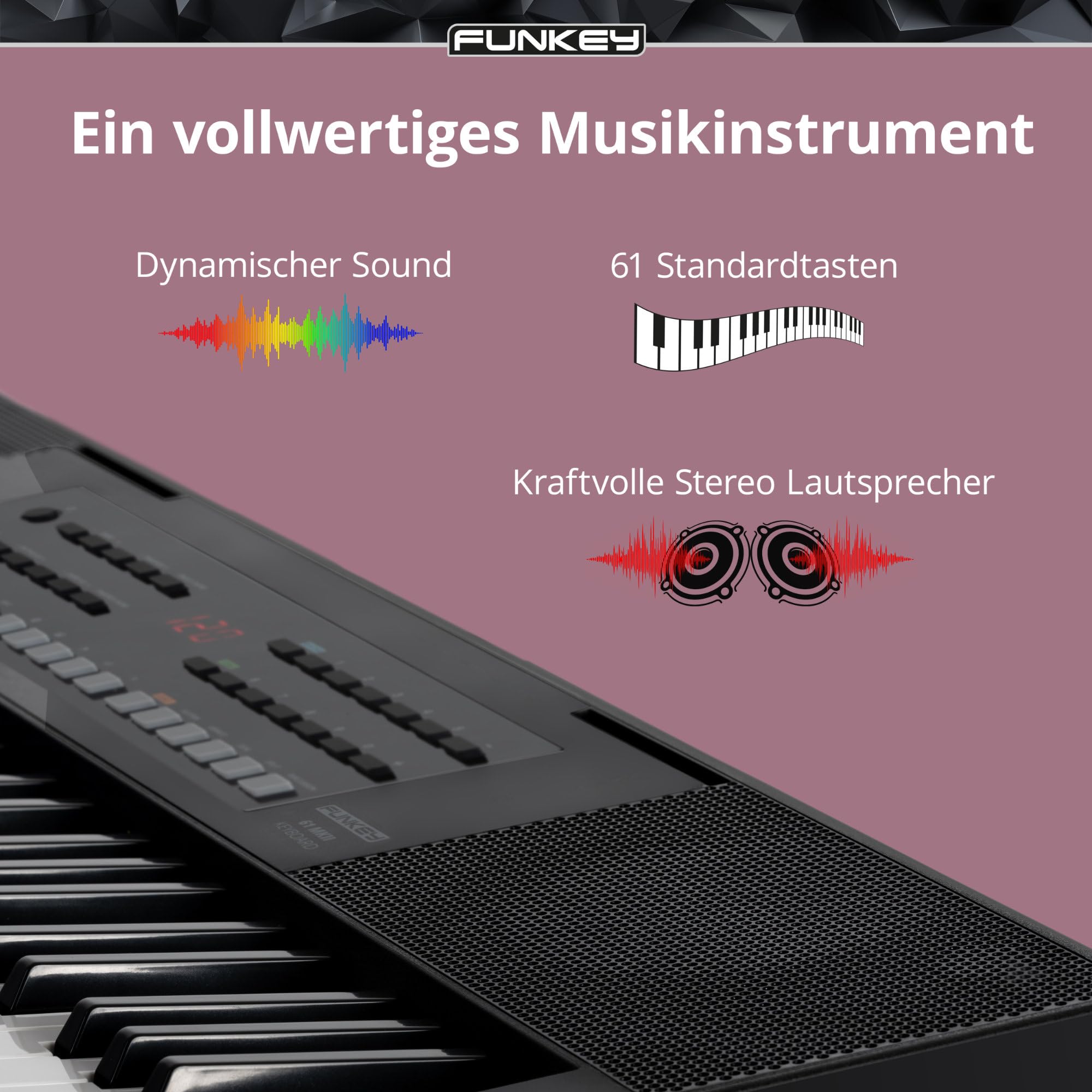 FunKey 61 MKII Keyboard Set mit 61 Tasten - 300 Sounds 300 Rhythmen 80 Demo Songs USB to Host Lernfunktion Metronom Kopfhöreranschluss inkl Ständer Bank Netzteil - Schwarz