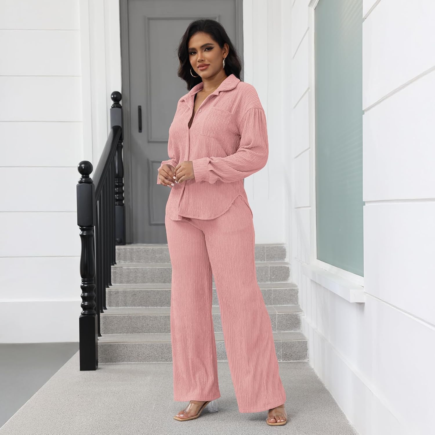 Elainone Women's 2 Piece Outfits Button-Down Shirt Long Sleeve and Flare Pleated Wide Leg Pant Sets With Pocket - Image 4