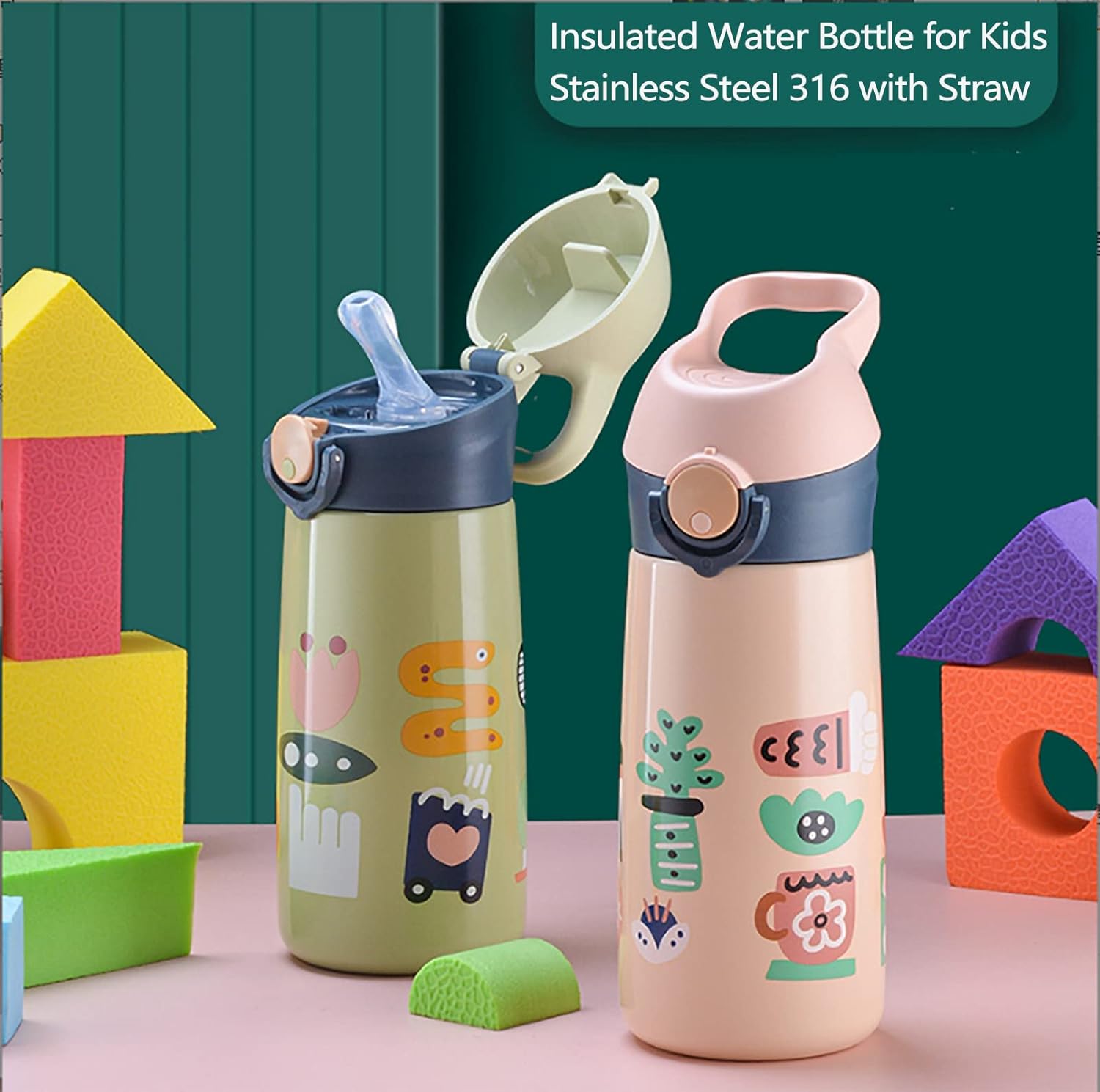 Stainless steel flip top water bottle without straw showing clean design