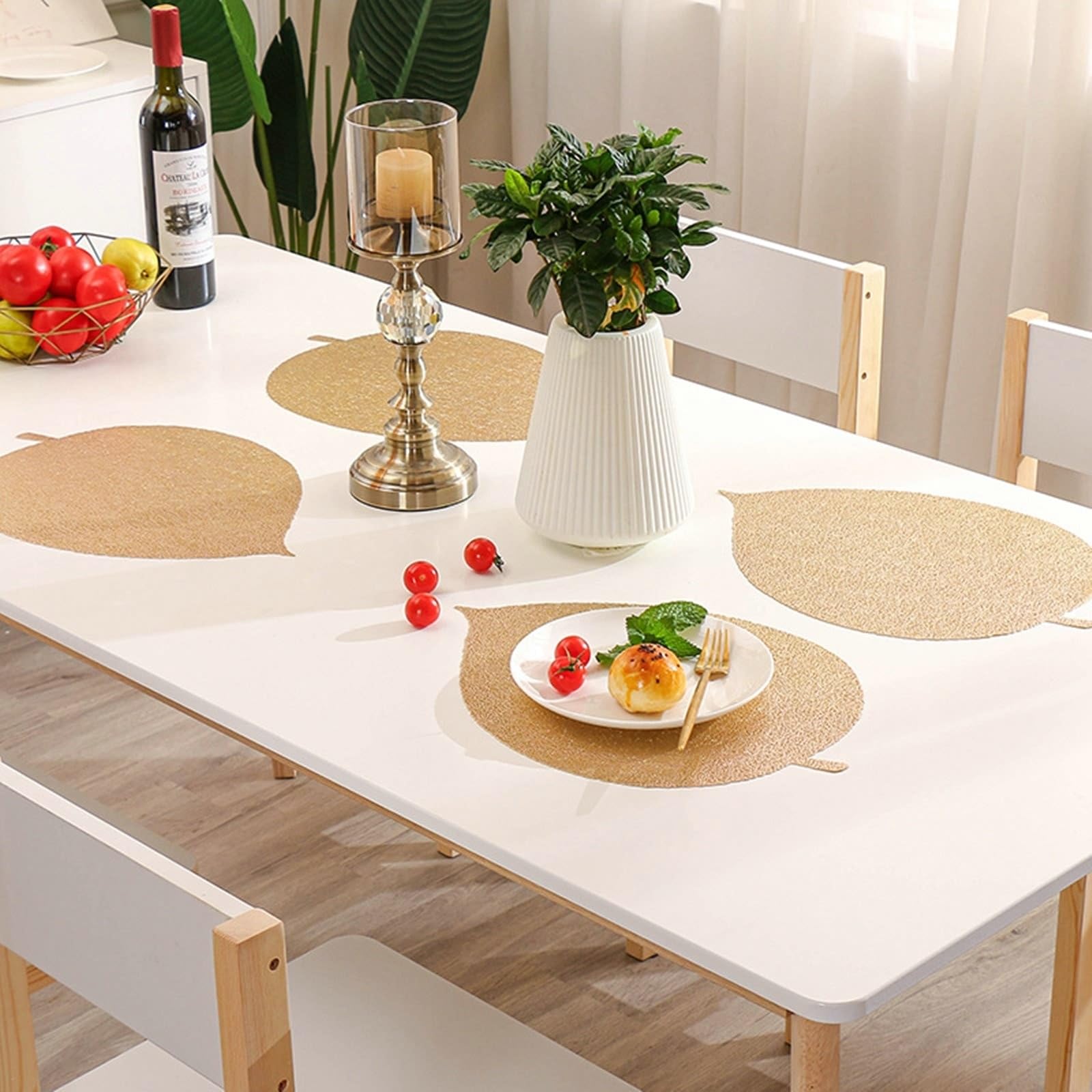 Placemat Juego de 6 manteles individuales dorados con forma de hoja 36 x 38 cm para cocina y comedor