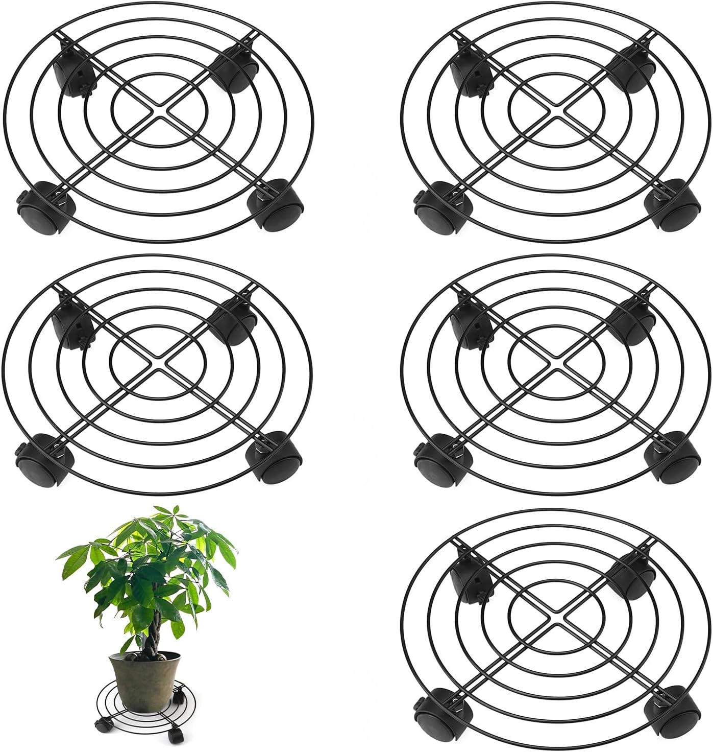 5 Pack 10.6 Inch Metal Plant Caddy with wheels, Heavy Duty Plant Dolly for Indoor and Outdoor Large Potted Plants, Black