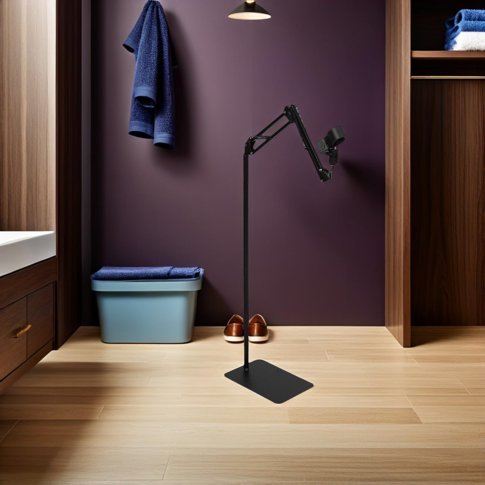 Veemoon Soporte para Secador De Pelo con Clip De Manos Libres Ajustable para El Suelo Brazo Colgante Plegable Color Negro