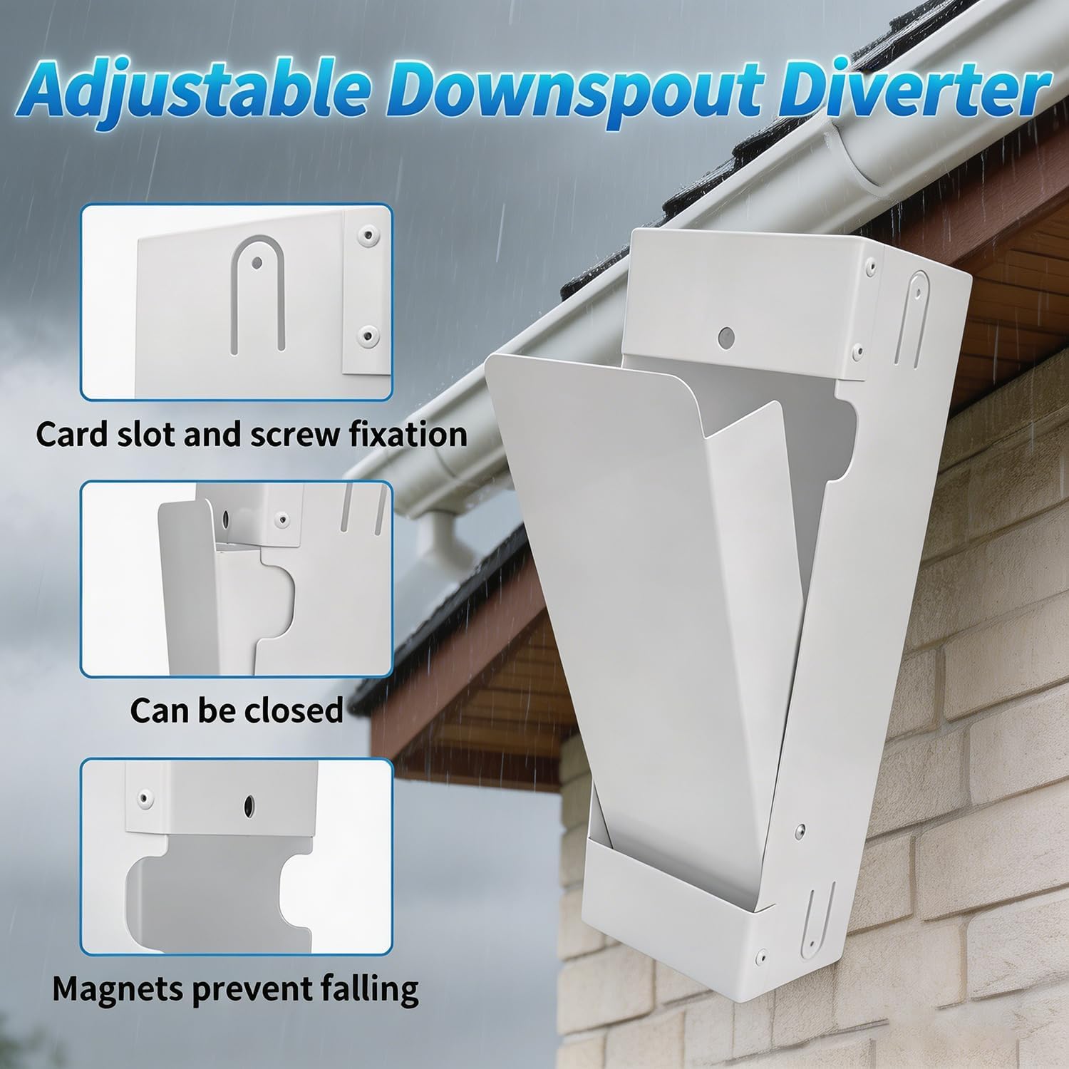 Rainwater Collector Diverter, Heavy-Duty Plastic Downpipe Kit for Standard 3x4-Inch Gutter Downspouts, Pure White Water Collection System for Garden Barrels or Tanks