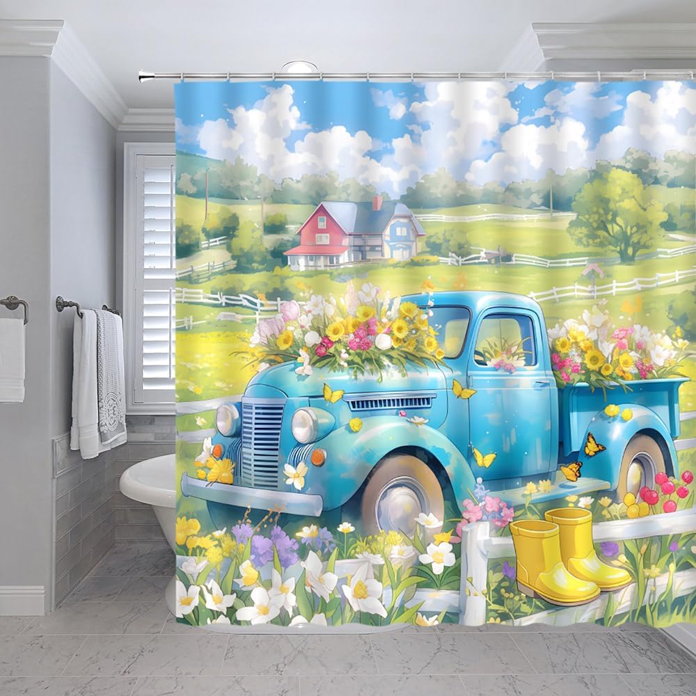 4 Piece Spring Truck Floral Shower Curtain Sets with Rugs, Toilet Lid Cover, Farmhouse Car Butterfly Country Rustic Cabin Woman Girls Romantic Nature Oil Bathroom Shower Curtain with 12 Hooks