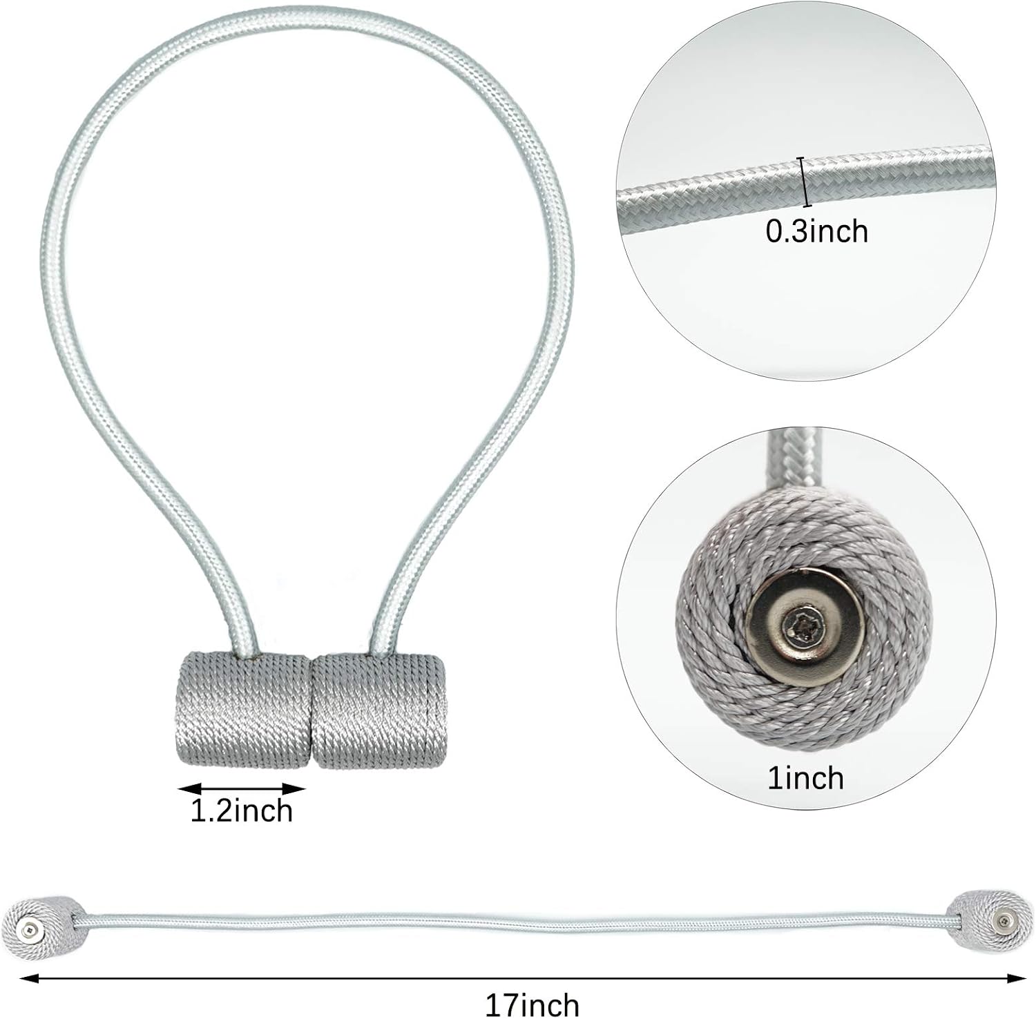 6 Pack Upgraded Magnetic Curtain Tiebacks Strong and Durable Window Decorative Weaving Rope 17 Inch Long Convenient Draperies Holdback Fit for Home Bathroom Office Decoration Use(Grey)