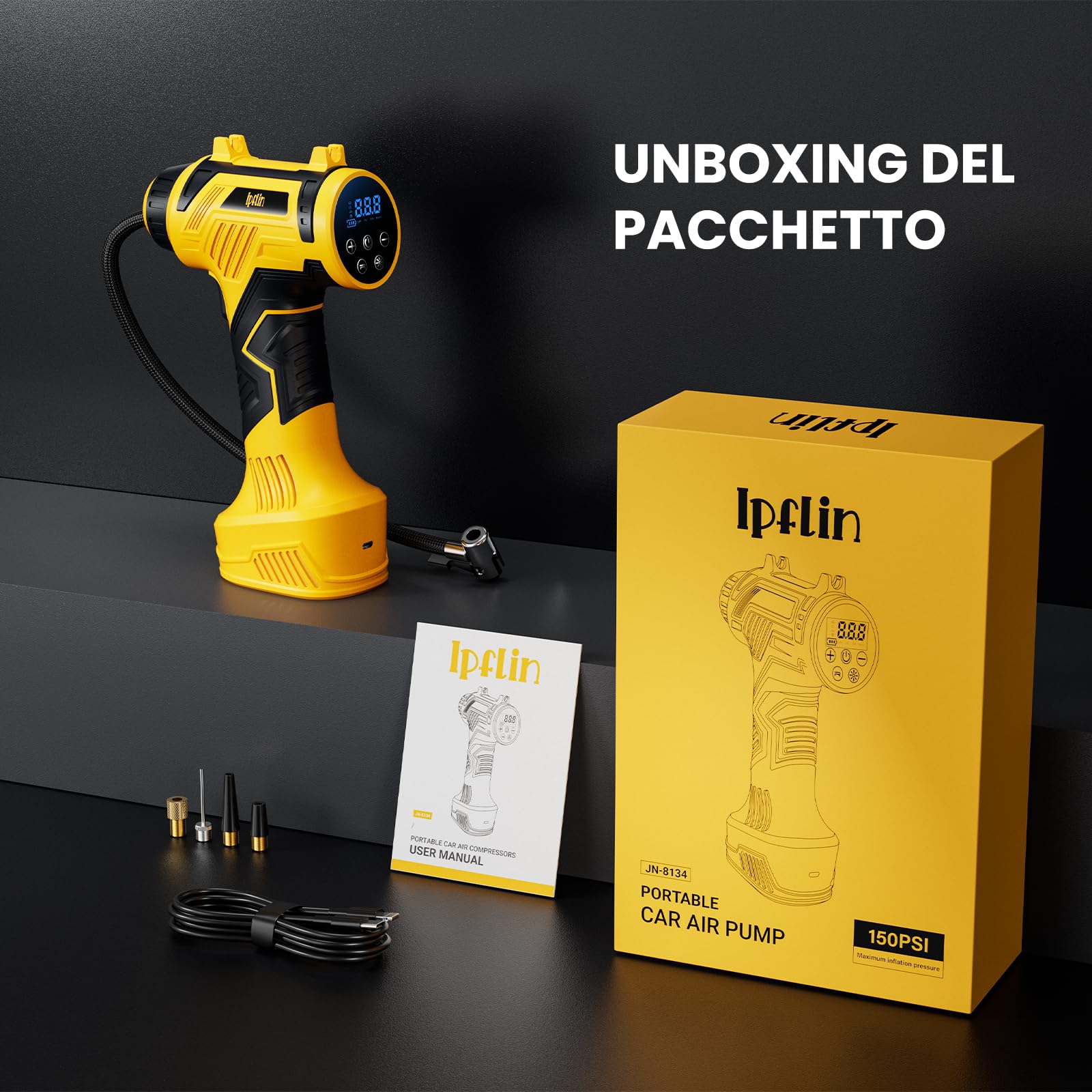 Compressore Aria Portatile – 150PSI 22L/Min Mini Compressore Portatile | Compressore Auto 12V Gonfiatore Elettrico con Spegnimento Automatico, Display LCD, LED, per Auto, Bici, Moto, Palloni