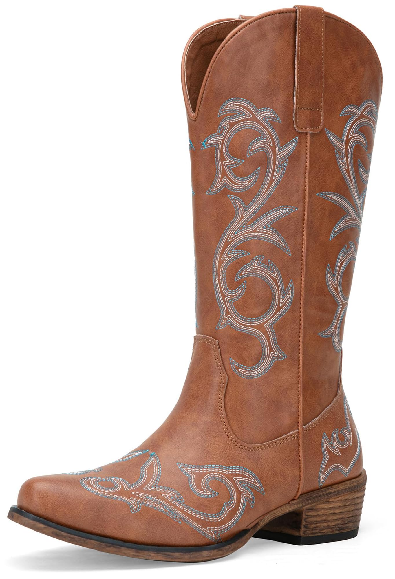 Jeossy 9808 Cowboy Boots for Women Wide Calf, Mid Calf Cowgirl Boots with Low Heel, Western Shoes with Side Zipper