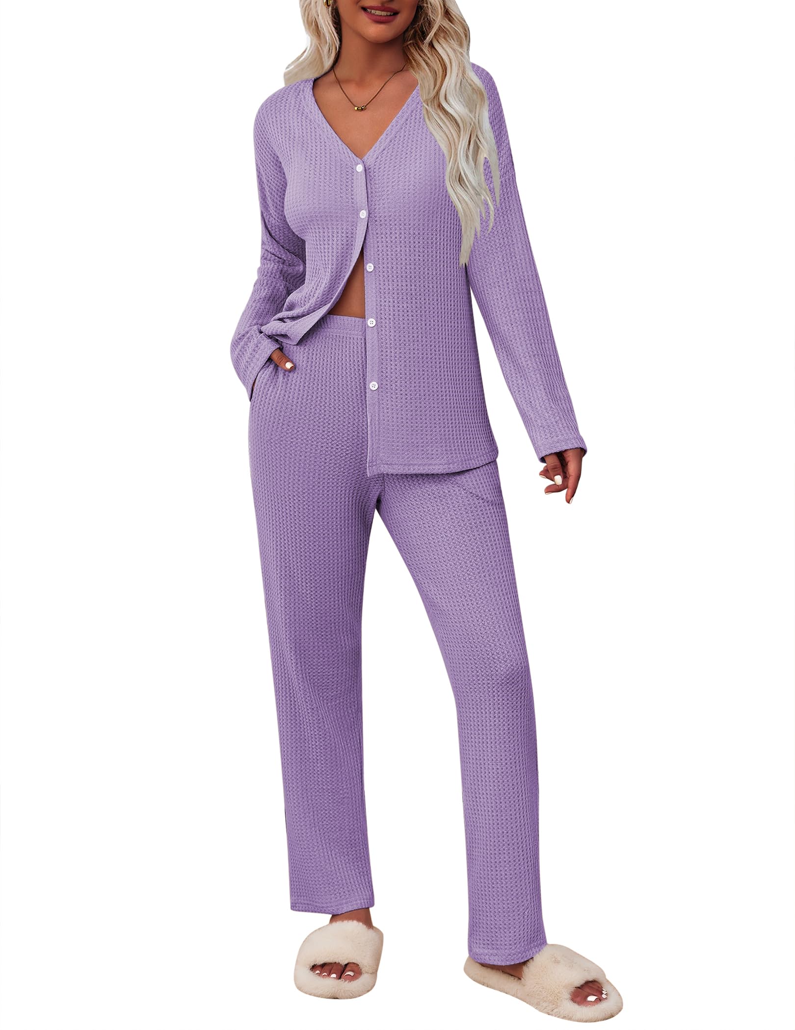 ACEVOG 2 Piece Waffle Knit Pajamas For Women Lounge Sets Long Sleeve Button Down Pajama Sets with Pockets