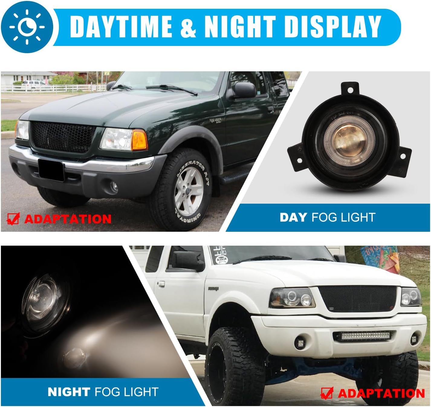 CPW Fog Lights Assembly Compatible with [2001 2002 2003 Ford Ranger] Driving Halo Ring Projector Fog Lights