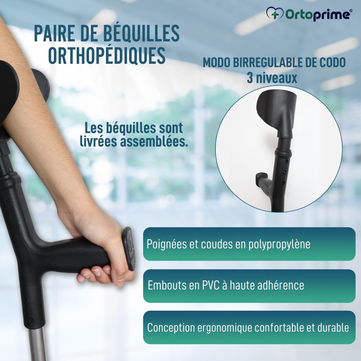 OrtoPrime Béquilles Médicales Adultes en Aluminium Réglable PACK de 2 - Béquilles Orthopédiques avec Embout Antidérapant - Béquilles Anatomiques CONFORT - canne anglaise adulte - Noir.