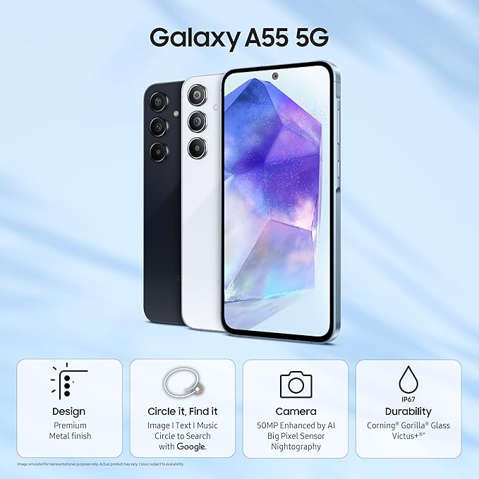 A stylish shot of the Samsung Galaxy A55 5G in Awesome Navy