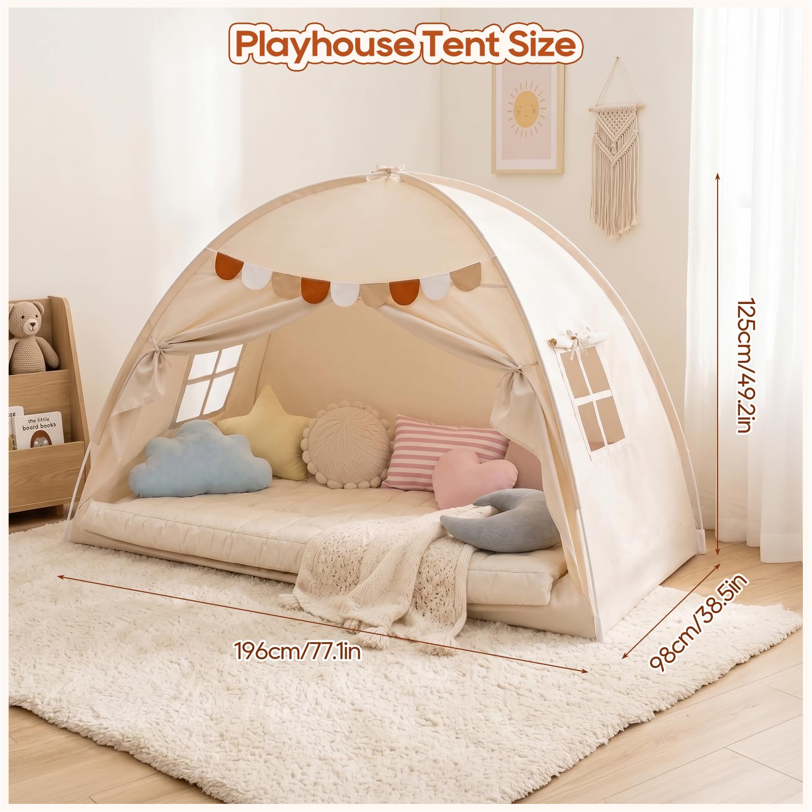 Tenda da Letto per Interni, Casetta da Gioco Pieghevole da Pavimento con Bandierine Decorative e Finestre Traspiranti, Baldacchino per la Privacy in Camera da Letto (Crema, 196 x 98 x 125 cm)