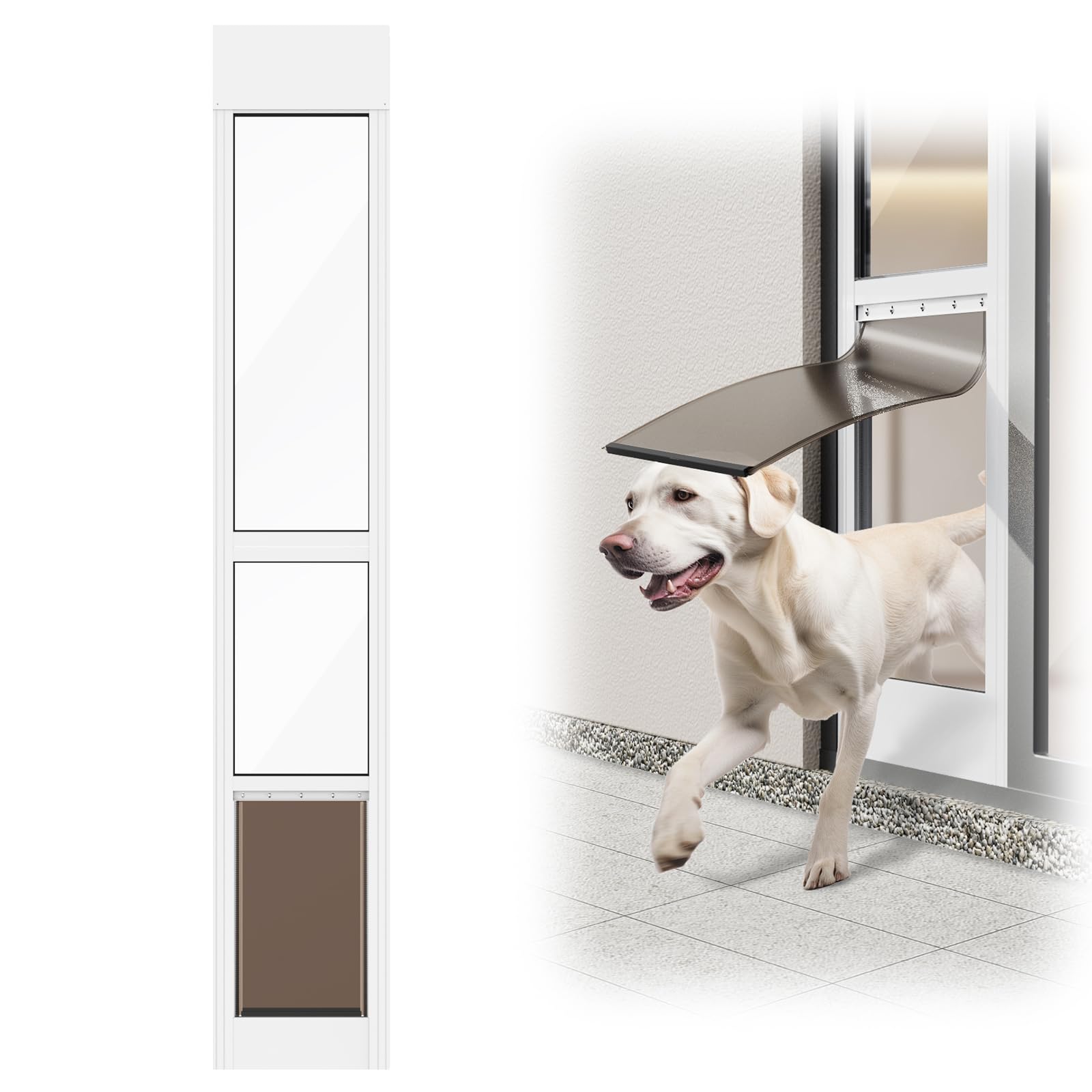 dog door for sliding glass door, adjustable height 75 3/5" to 80", aluminum frame sliding door dog door insert, suitable for large dogs up to 75 lbs(large,white)