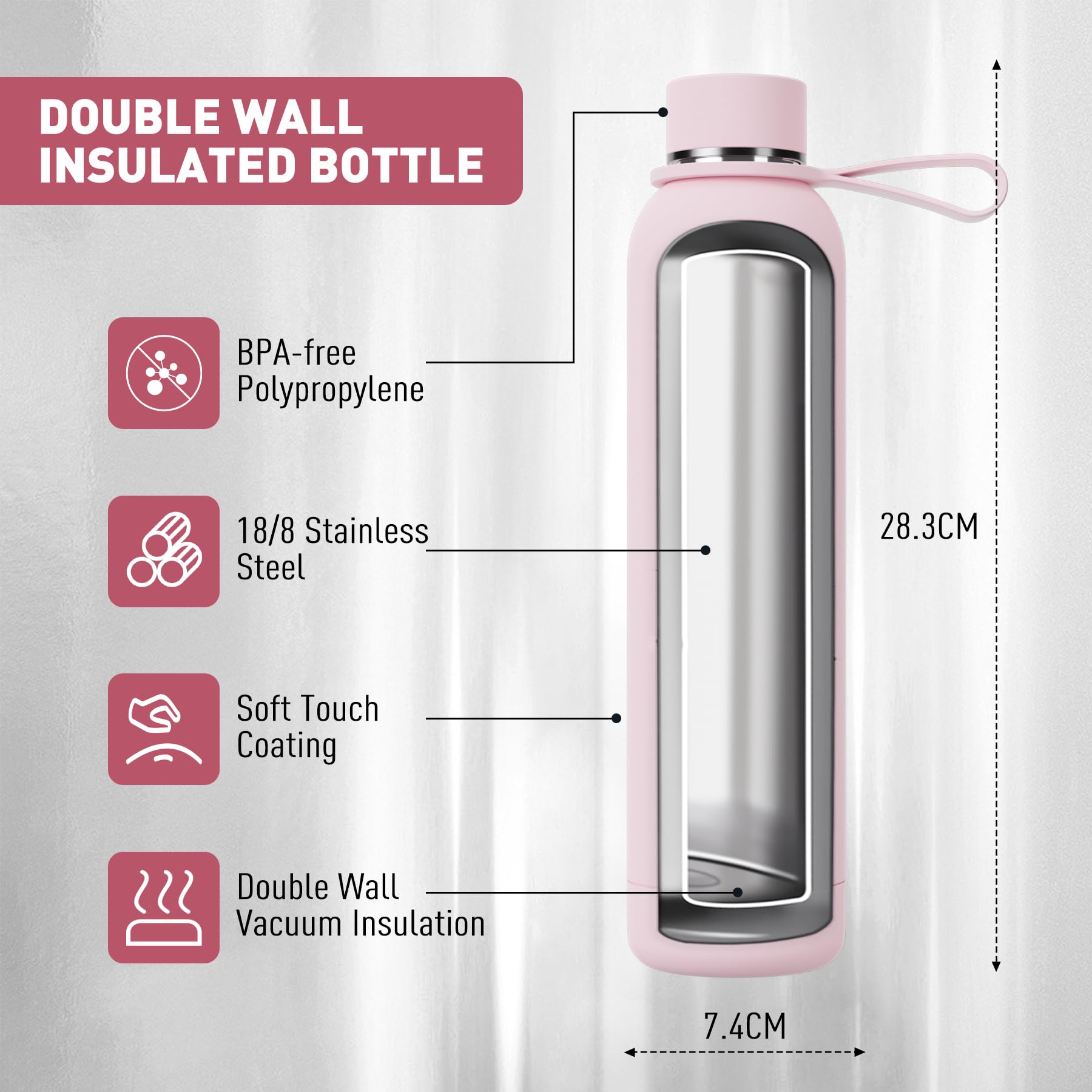 Exllena Borraccia Termica 750 ml - Bottiglia Termica Doppio Vuoto Mantenere Calore/Freddo - Senza BPA - 100% A Tenuta Stagna con Anello per Tote (Rosa)