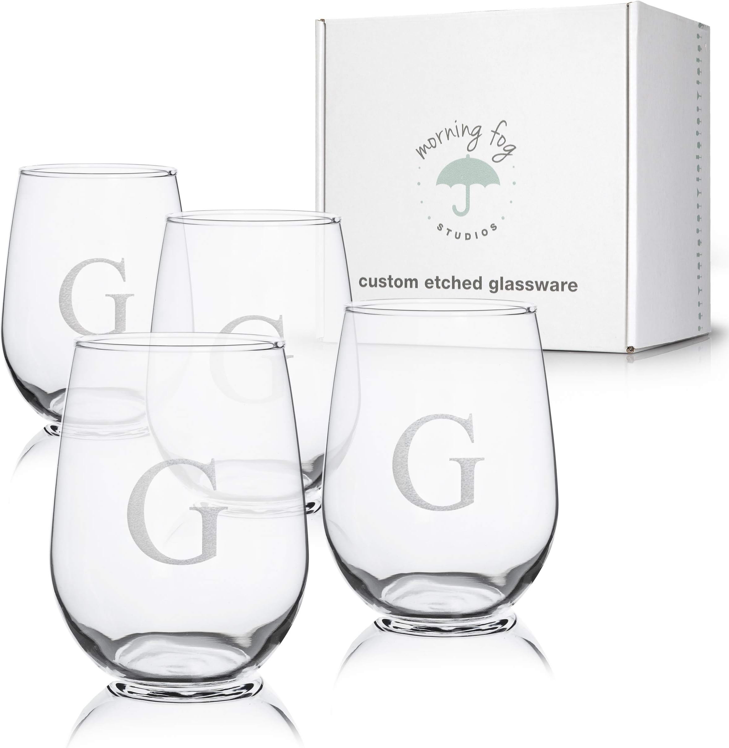 Personalized Stemless Wine Glasses Set of 4-17oz Monogrammed Glassware for Personalized Celebration, Perfect for Weddings, Anniversaries, and Special Occasion Gifting, (G)