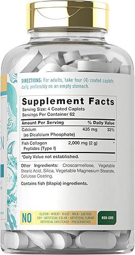 Miniatura 2 de Carlyle Colágeno marino para cabello, piel y uñas, 250 comprimidos, péptidos para mujeres y hombres, tipo I con calcio, sin OMG y sin gluten