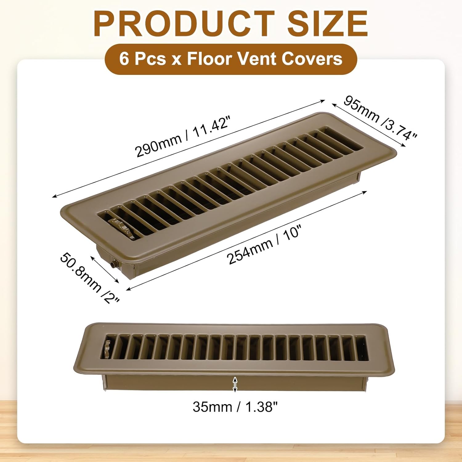 PATIKIL 2x10 Inch Floor Vent Covers, 6 Pcs Floor Registers Heavy Duty Metal Walkable Air Vent Covers Easy Adjustable Air Supply Lever for Home Office Wall Ceiling Grilles, Brown