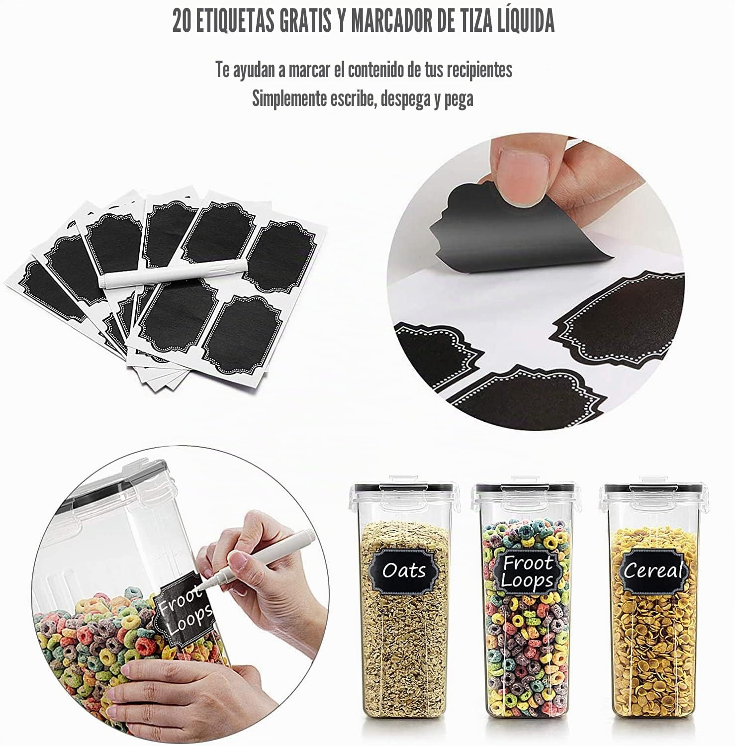 Wildone 8 recipientes herméticos para cereales y alimentos secos de 2,5 L de capacidad para azúcar, harina, etc. Tapas negras a prueba de fugas