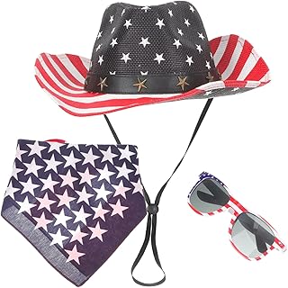 ABOOFAN Retro American Flag Wild Cowboy Hat Neck Bandana and Patriotic Sunglasses Western Cowboy Hat Men and Women Unisex Cowboy Hats Independence Day Costume Accessories