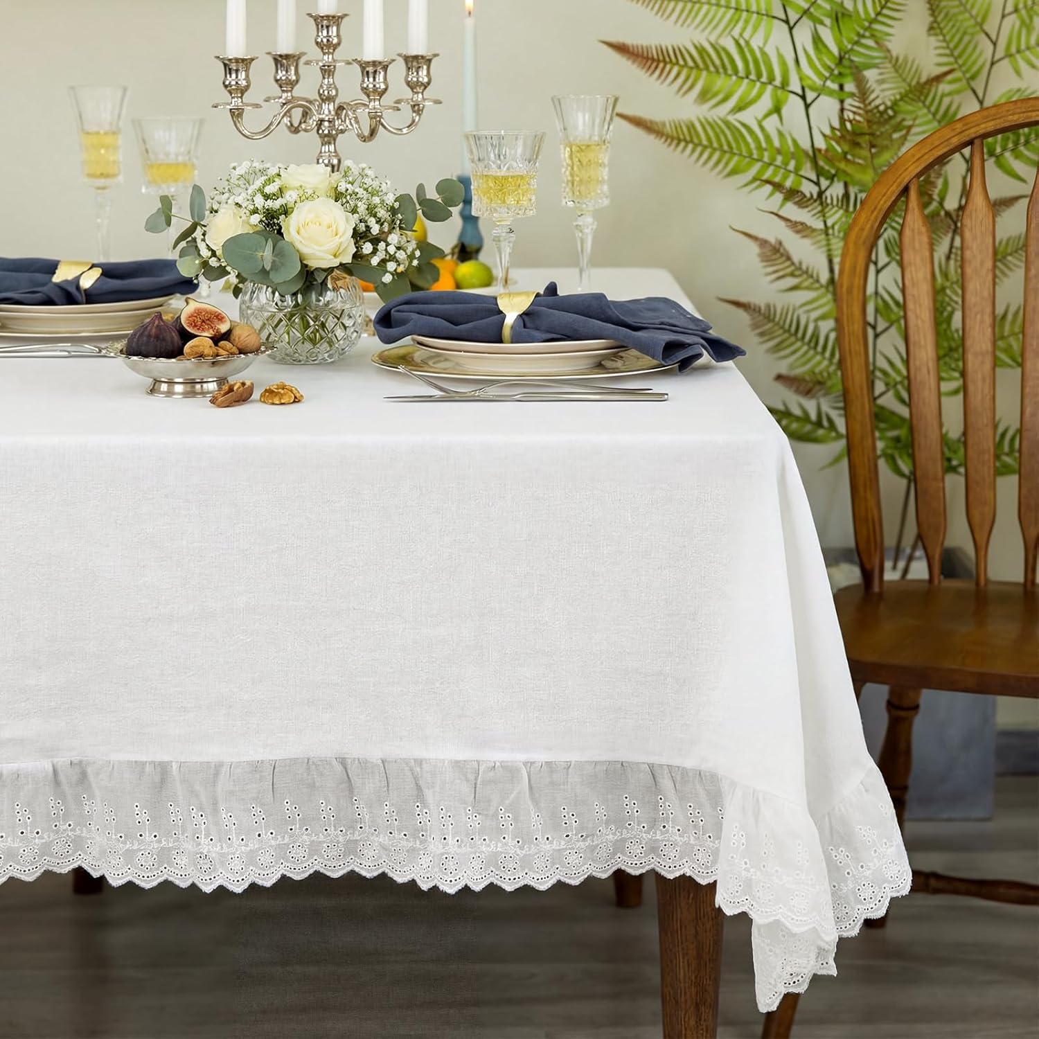 LemonRoad Vintage White Ruffle Tablecloth Retro Farmhouse Ruffled Cotton Tablecloth Rustic Embroidered Washable Table Cover for Rectangle Table Kitchen Holiday Party Wedding Decor(52" x 70")