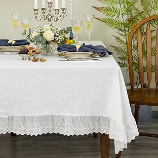 LemonRoad Vintage White Ruffle Tablecloth Retro Farmhouse Ruffled Cotton...