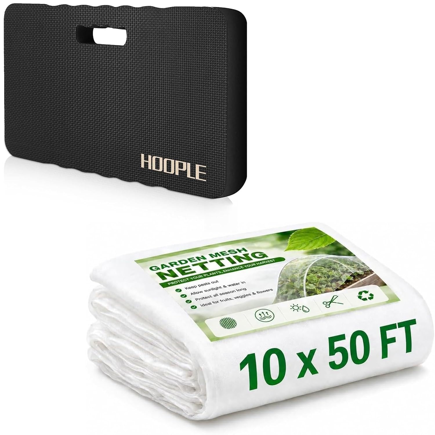 HOOPLE Extra Thick Kneeling Pad + Garden Netting 10 FT x 50 FT – Waterproof Gardening Knee Pad & Ultra-Fine Mesh Plant Cover Bundle for Vegetables, Fruits, Raised Beds, Flower Beds & Garden Protection