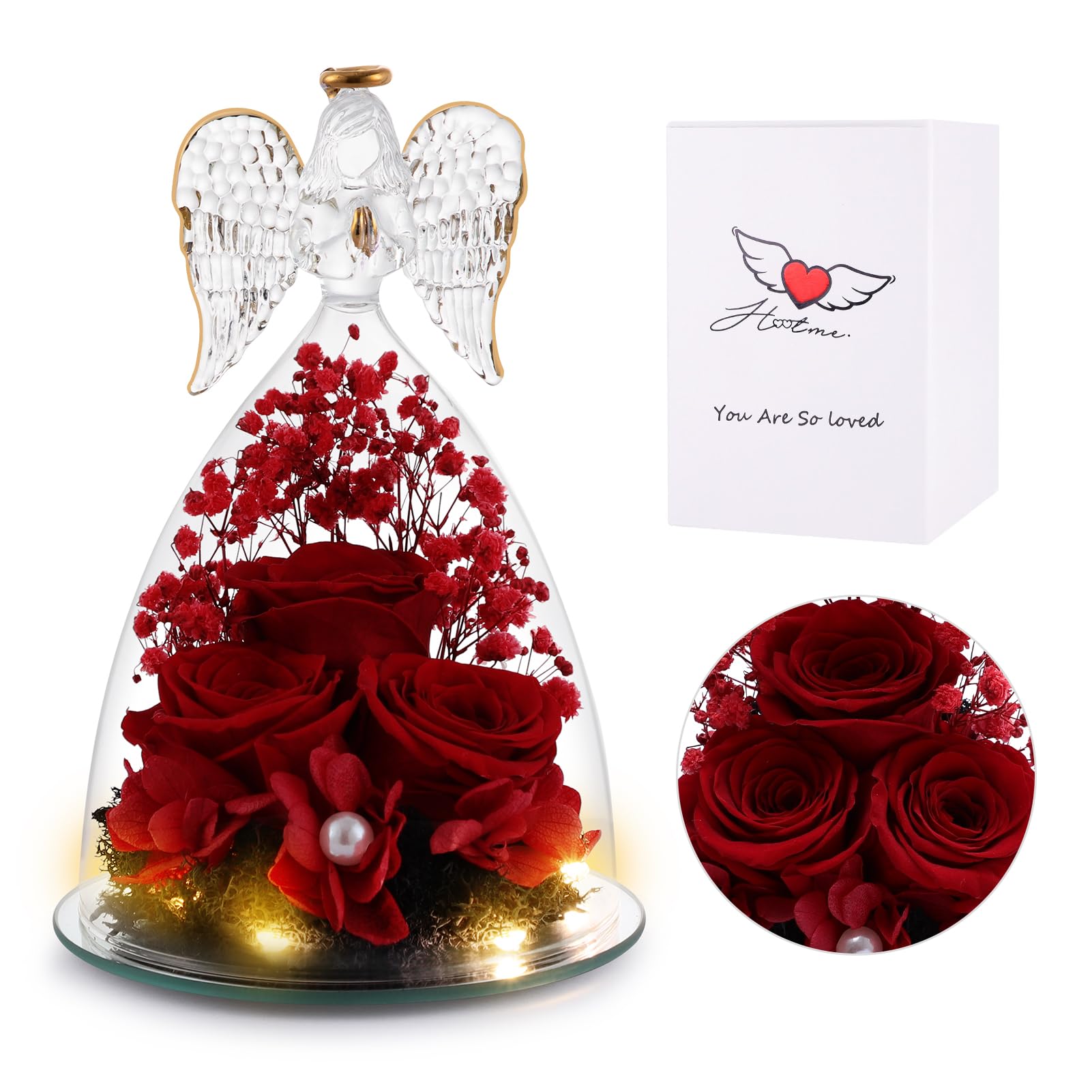 CHUANGLIUpgraded Large Angel Gift for Women, Preserved Rose Flower in Glass Angel Figurines with LED Light, Christmas Mother's Day, Thanksgiving, Valentine's Day, Birthday Gifts for Her