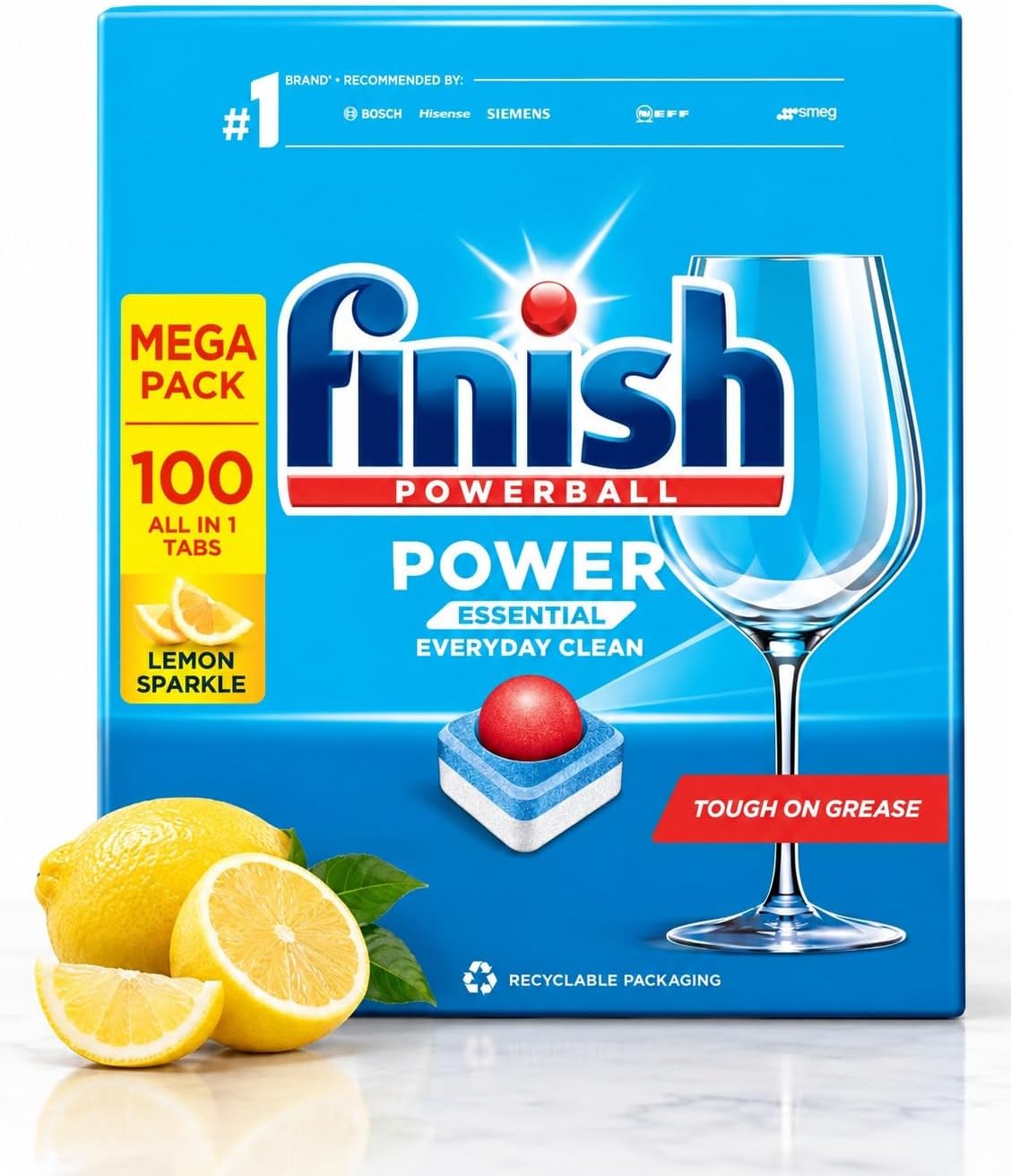 100 Tablets Powerball Dishwasher Tablets | 3-in-1 Fast Dissolving Chambers | Tough on Grease, Burnt-On & Dried-On Stains | Deep Cleaning & Sparkling Shine (Lemon | Compatible with All Machines)