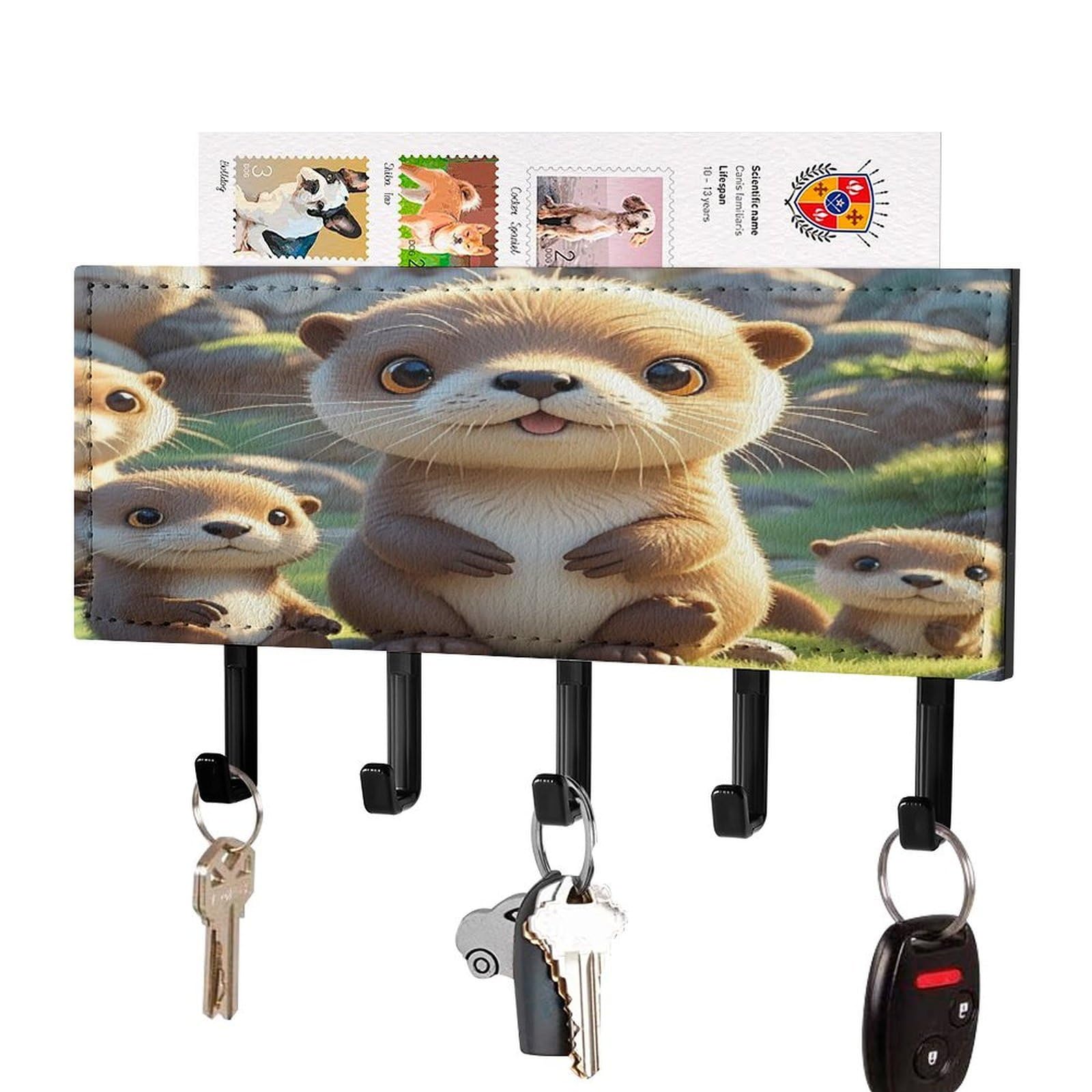 FekiLoot Cartoon Brown Otters Key Holder Wall Mount Decorative Key and Mail Holder with 5 Hooks Key Hanger Organizer Pu Key Rack Decorative Home Decor for Wall Living Room Entryway Office Black-Style