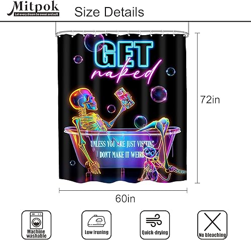 Miniatura 5 de Cortina de ducha con diseño de calavera de neón de 60 pulgadas de ancho x 72 pulgadas de alto, esqueleto gótico, espeluznante, único hueso fresco en